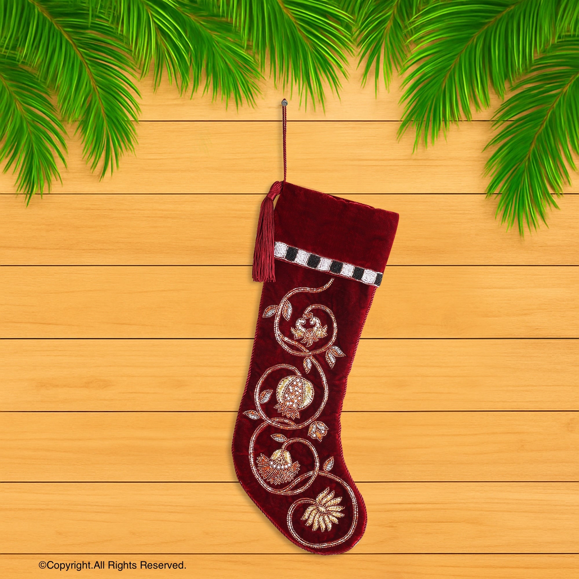 PERSONALISED GOLDEN GARLAND RED VELVET CHRISTMAS STOCKING