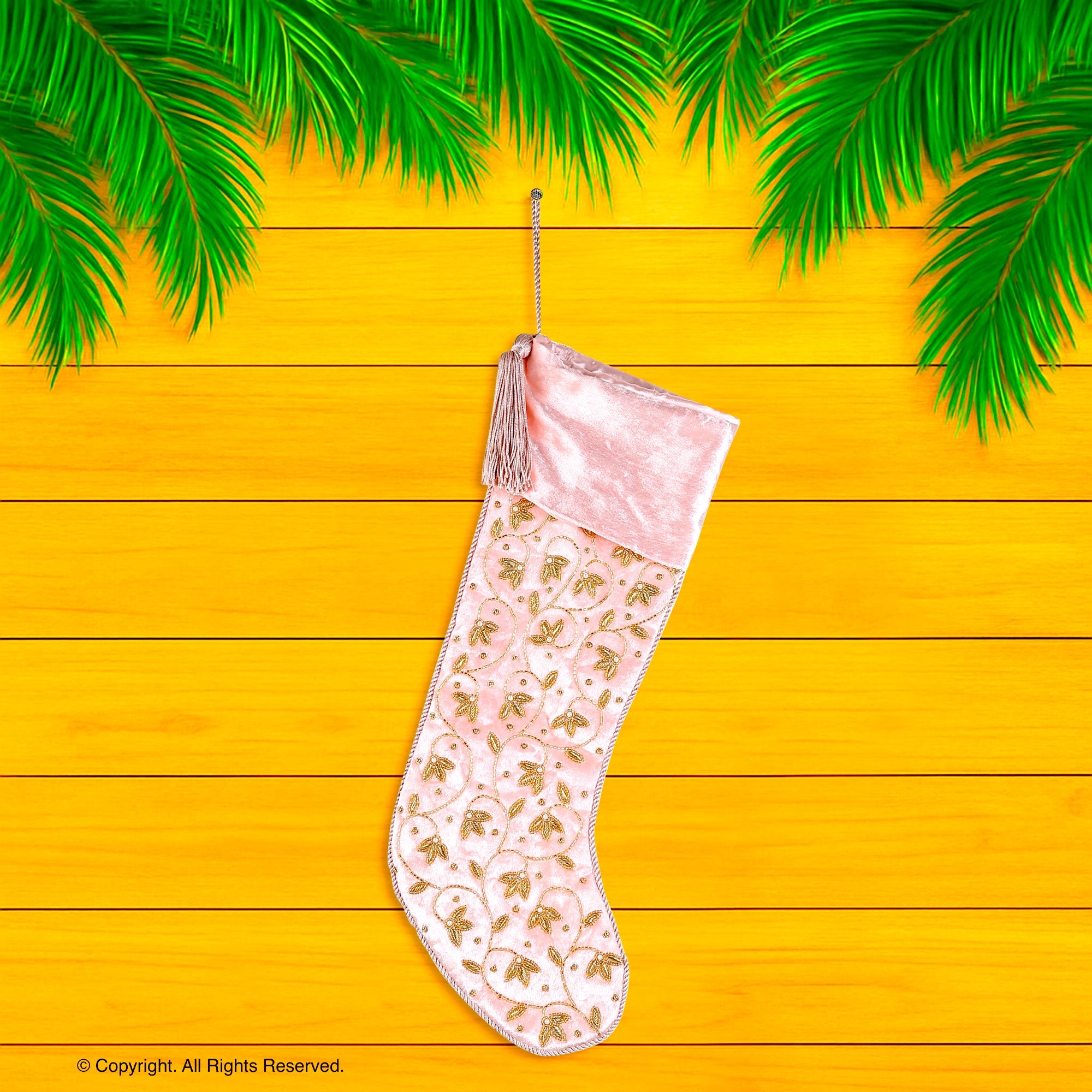 Personalised Intricate leaf Christmas Stocking- Pink Velvet Christmas stocking Embroided with intricate leaf