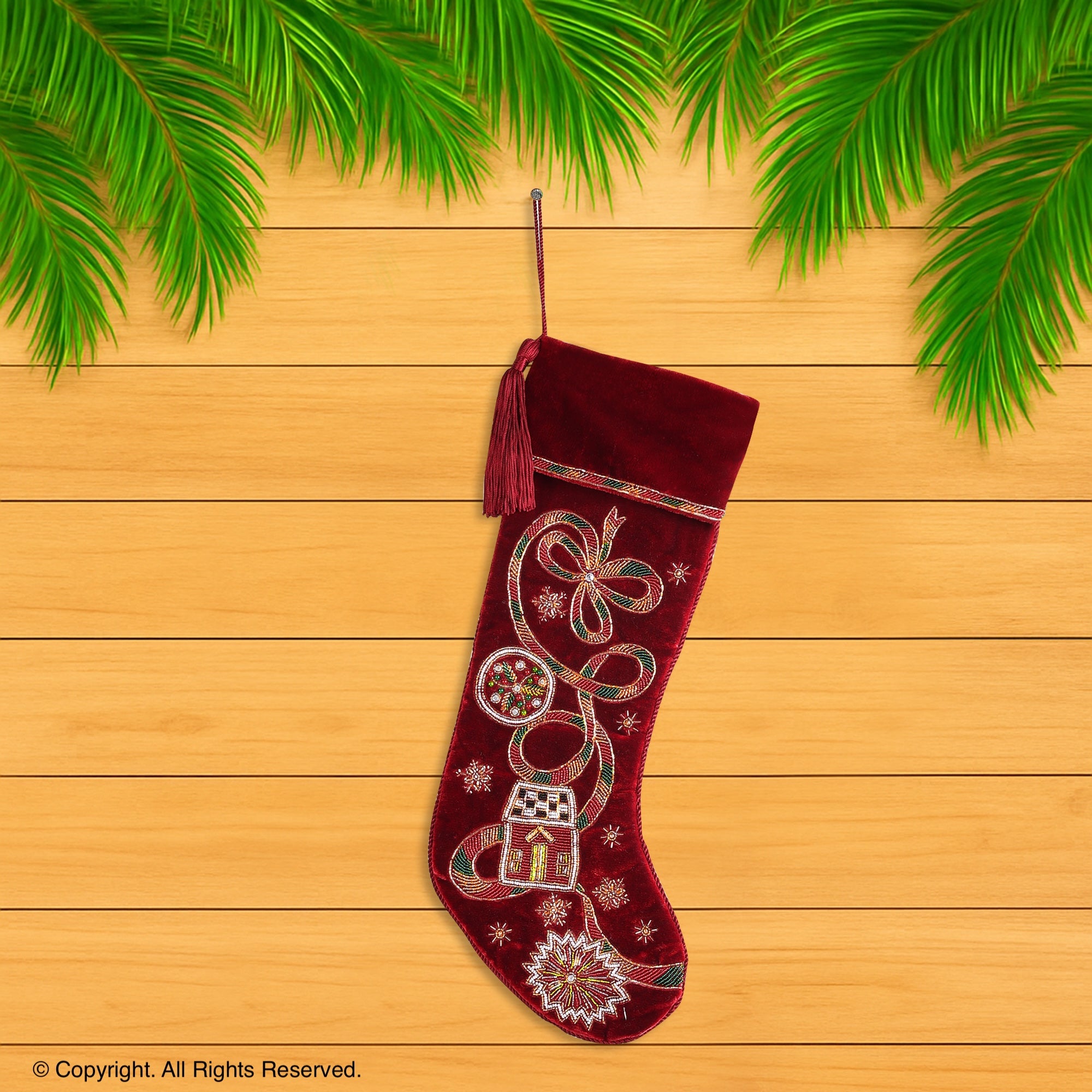 PERSONALISED HOLIDAY RIBBON RED VELVET CHRISTMAS STOCKING