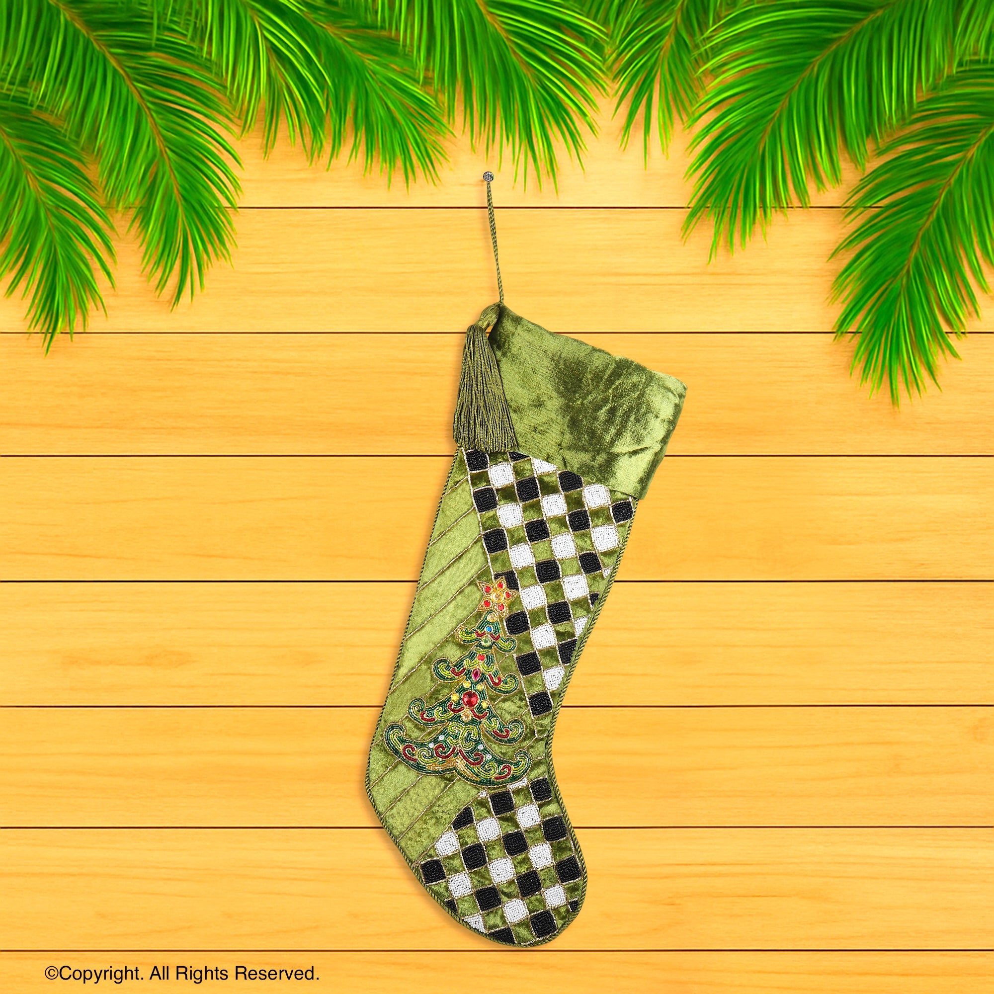 PERSONALISED WHIMSICAL TREE CHECK PARADE GREEN VELVET CHRISTMAS STOCKING