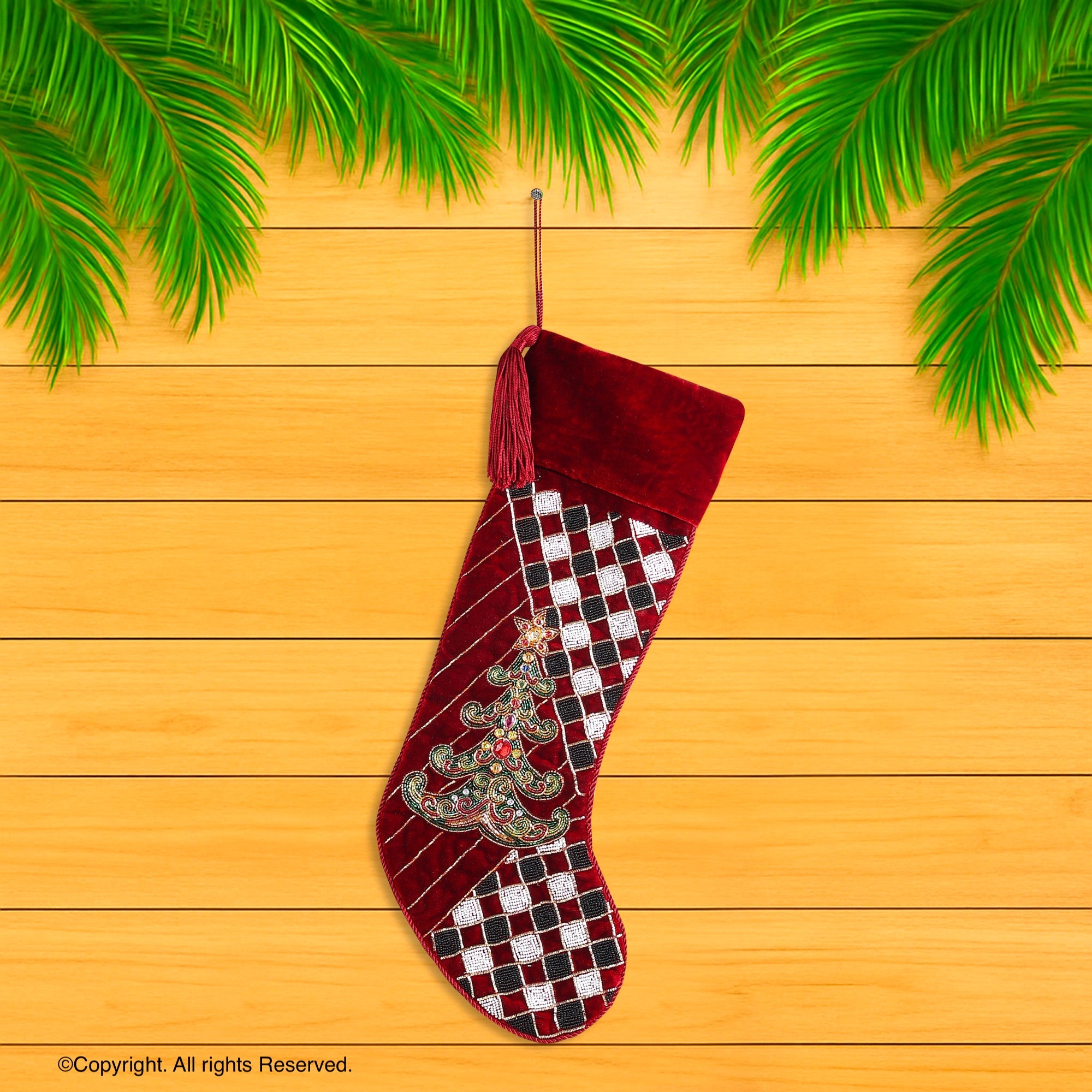 PERSONALISED WHIMSICAL TREE CHECK PARADE RED VELVET CHRISTMAS STOCKING