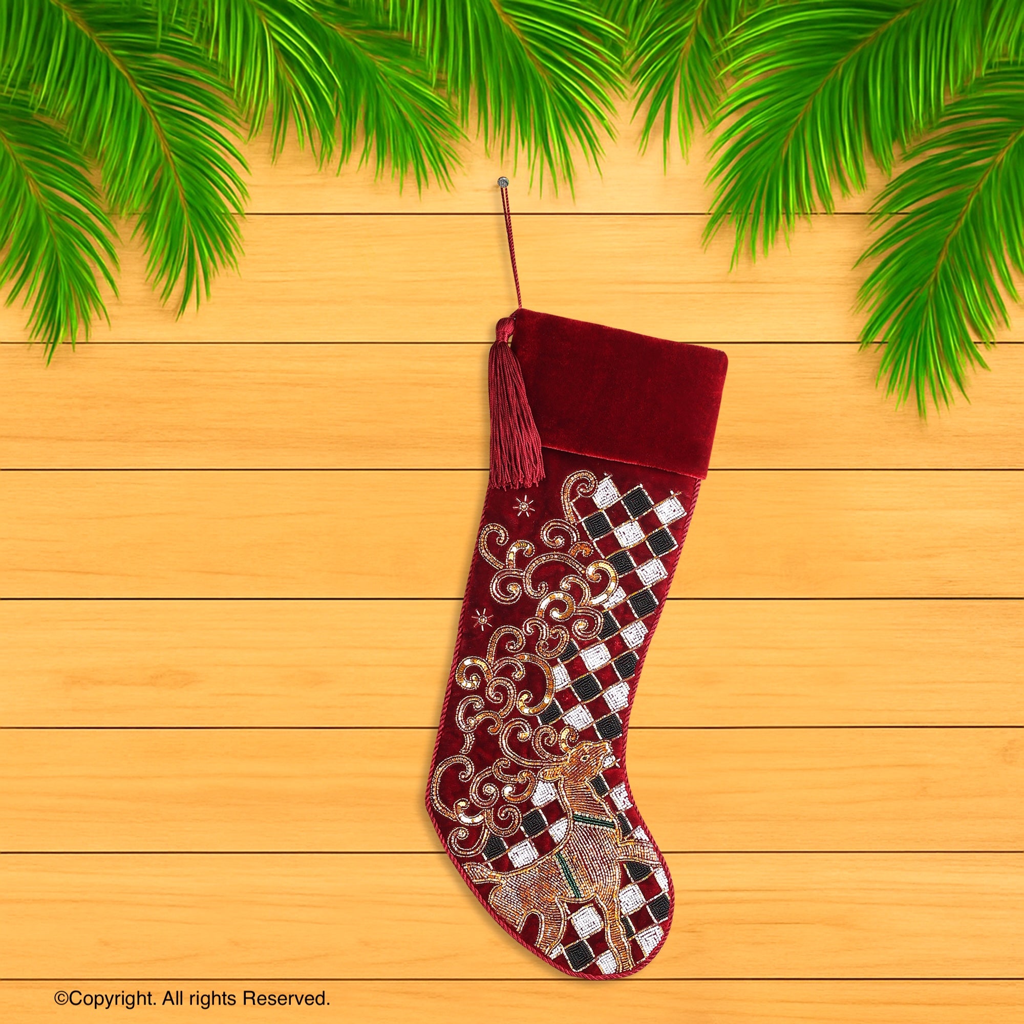 PERSONALISED REINDEER CHECK PARADE RED VELVET CHRISTMAS STOCKING
