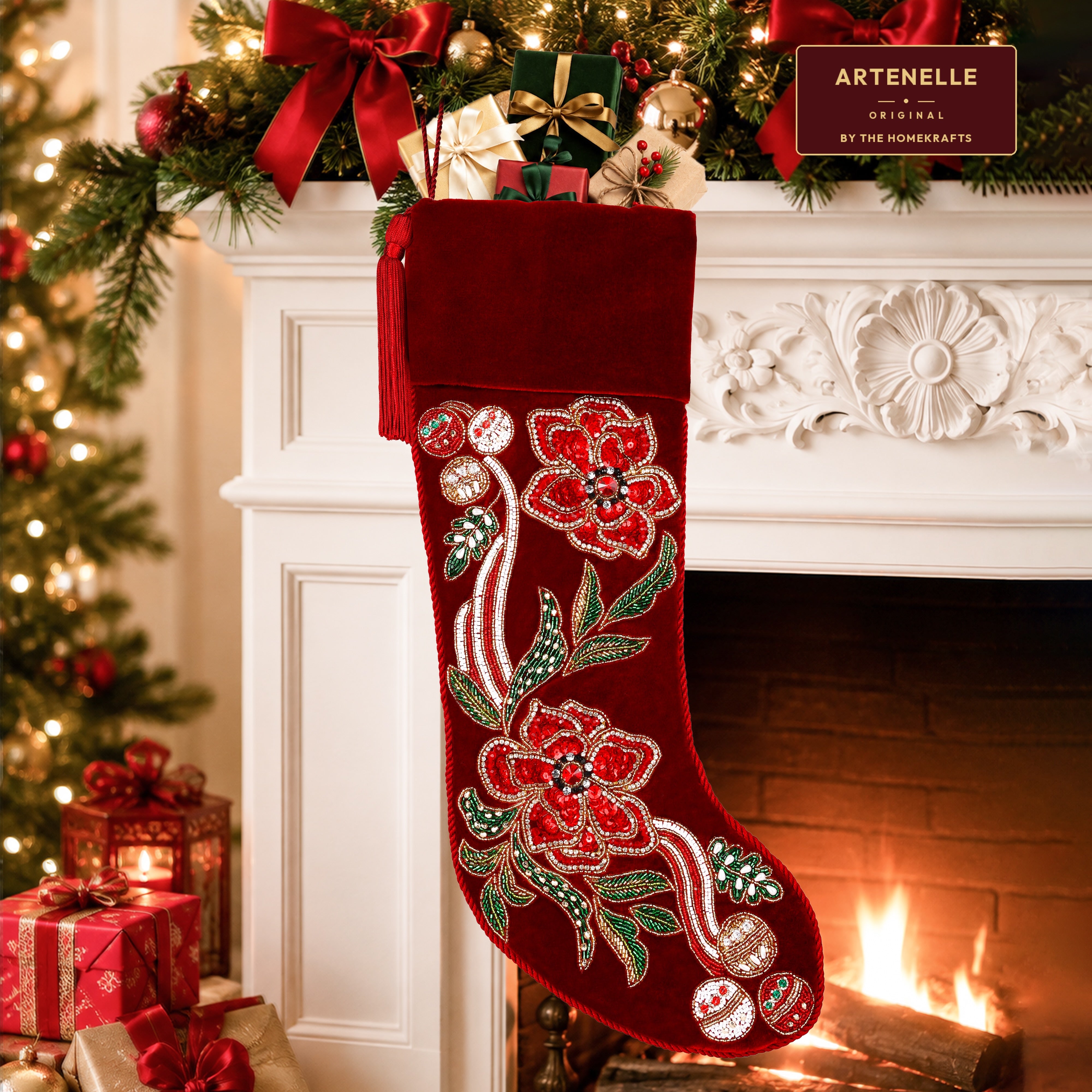 Personalized Poinsettia Red Velvet Christmas Stocking