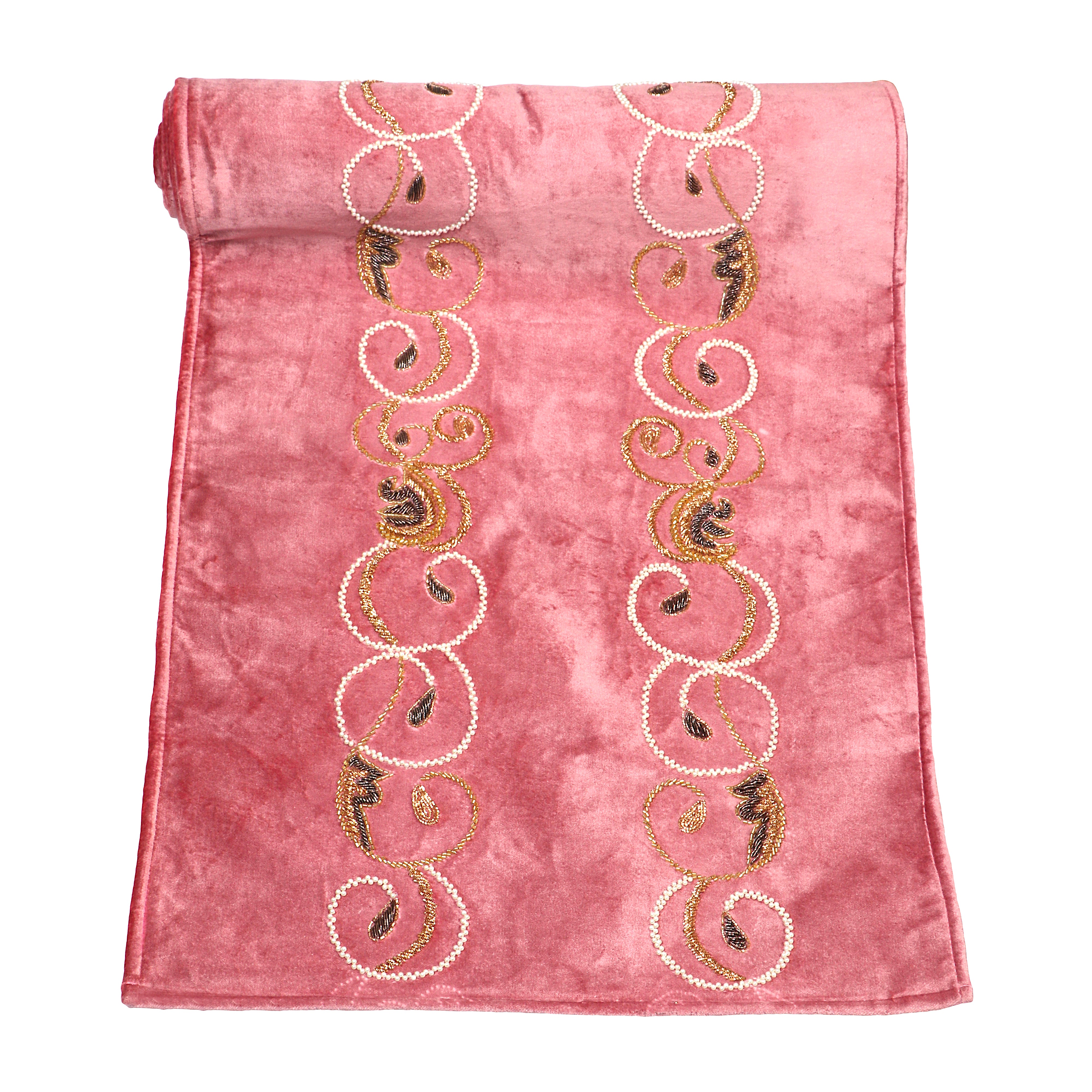 Autumn Swirl -Rose pink Velvet Bed runner With Matching Decorative Throw Pillows Handbeaded in swirl leaf pattern