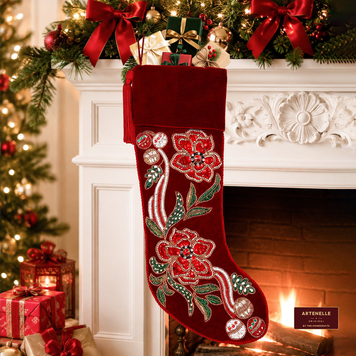 Personalized Poinsettia Red Velvet Christmas Stocking
