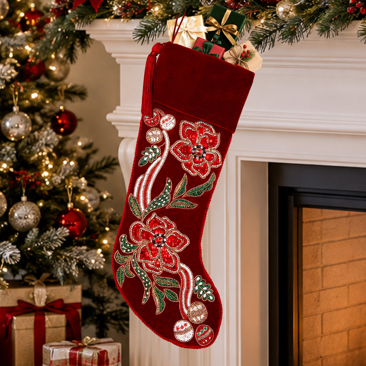Personalized Poinsettia Red Velvet Christmas Stocking