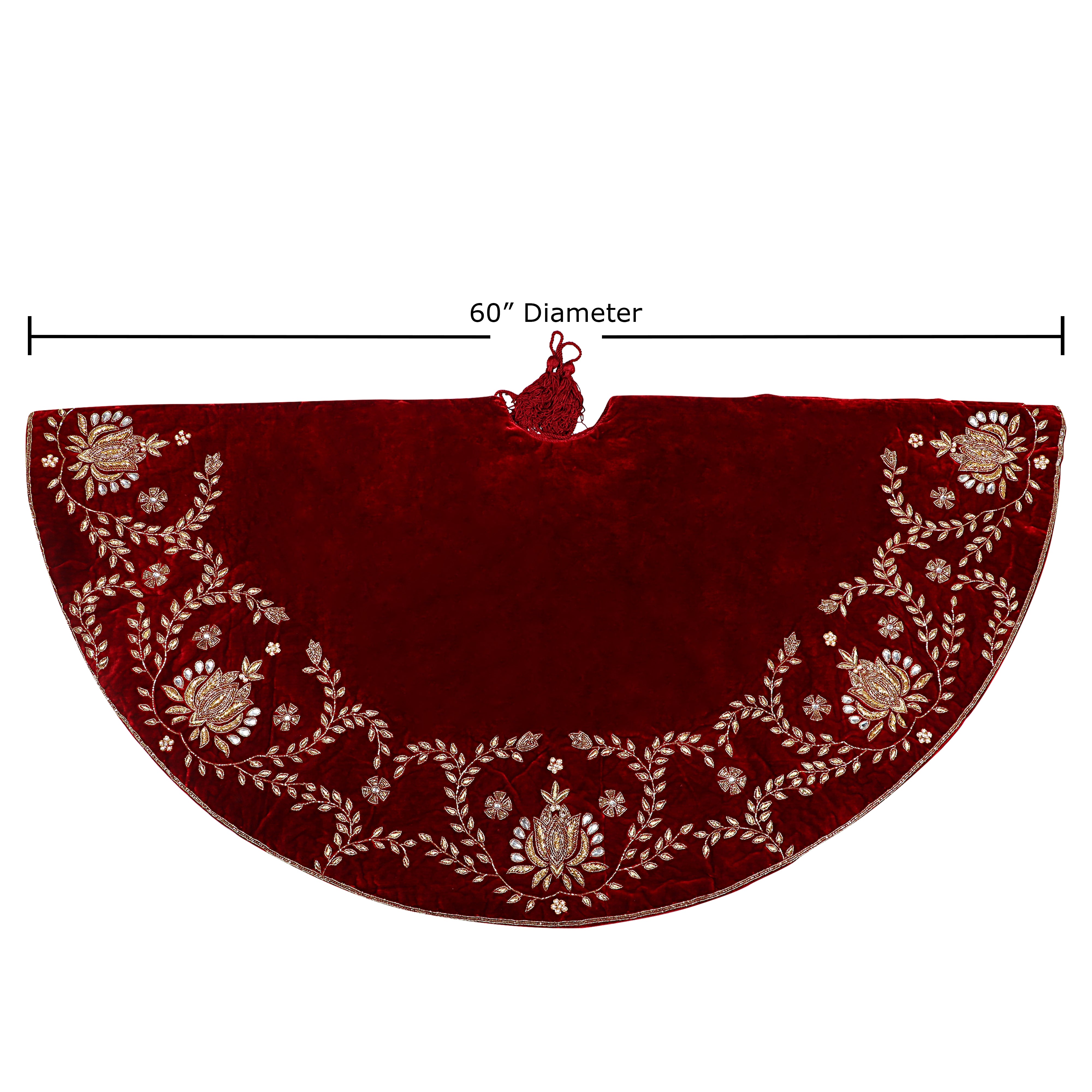 Beaded Lotus Red Velvet Christmas Tree Skirt & Matching Christmas Stocking Set