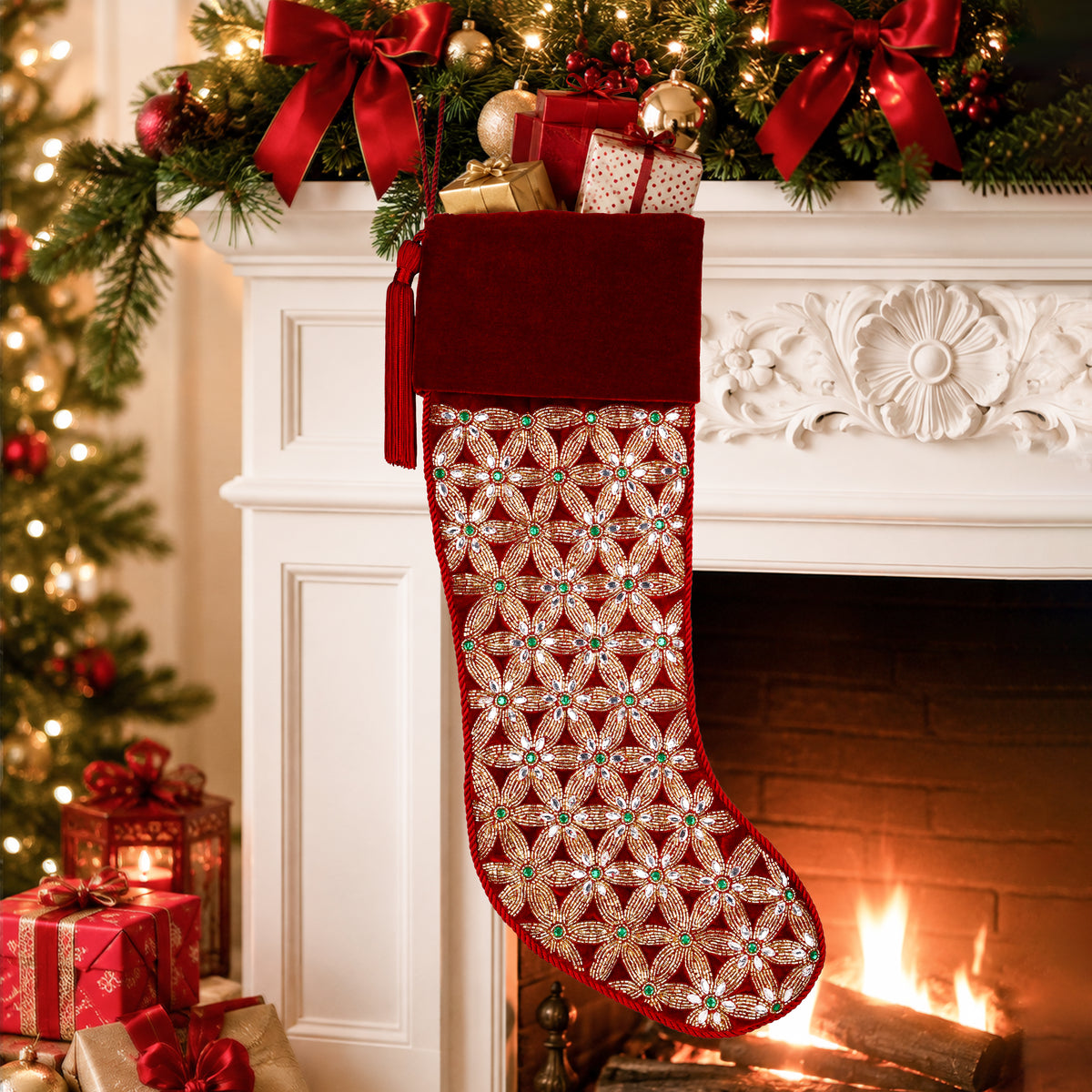 PERSONALISED Holiday Mosaic RED VELVET CHRISTMAS STOCKING