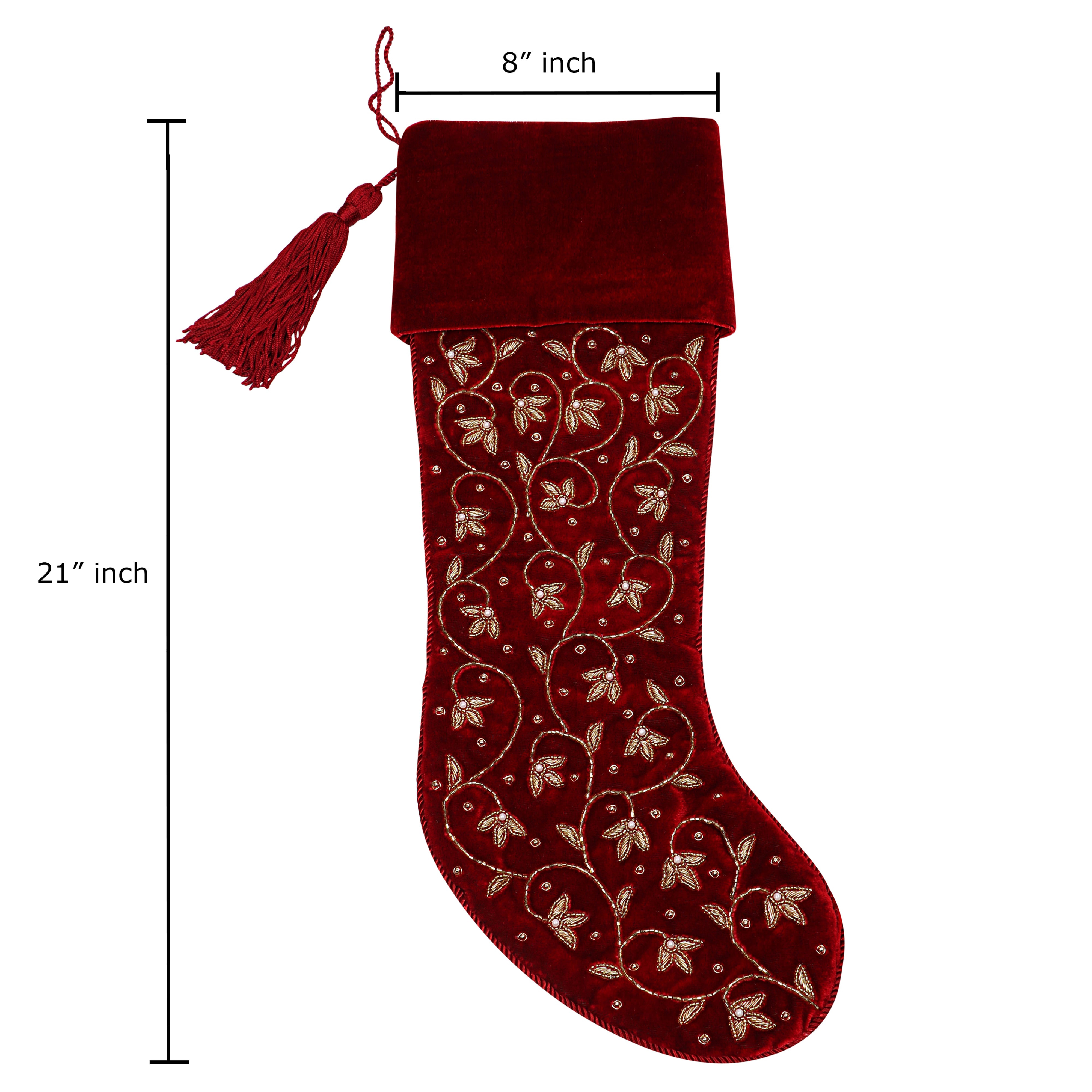 ORNAMENT, INTRICATE LEAF, BELL VELVET RED & WHITE 3 PIECE CHRISTMAS STOCKING SET
