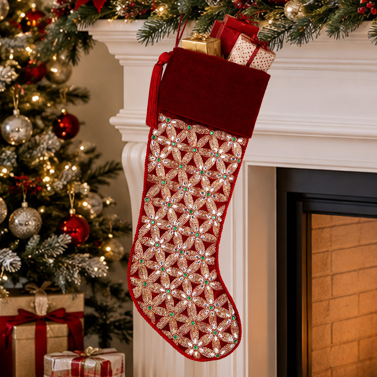 PERSONALISED Holiday Mosaic RED VELVET CHRISTMAS STOCKING