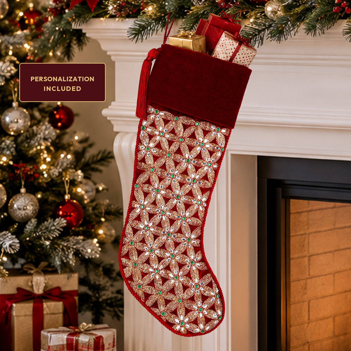 PERSONALISED Holiday Mosaic RED VELVET CHRISTMAS STOCKING