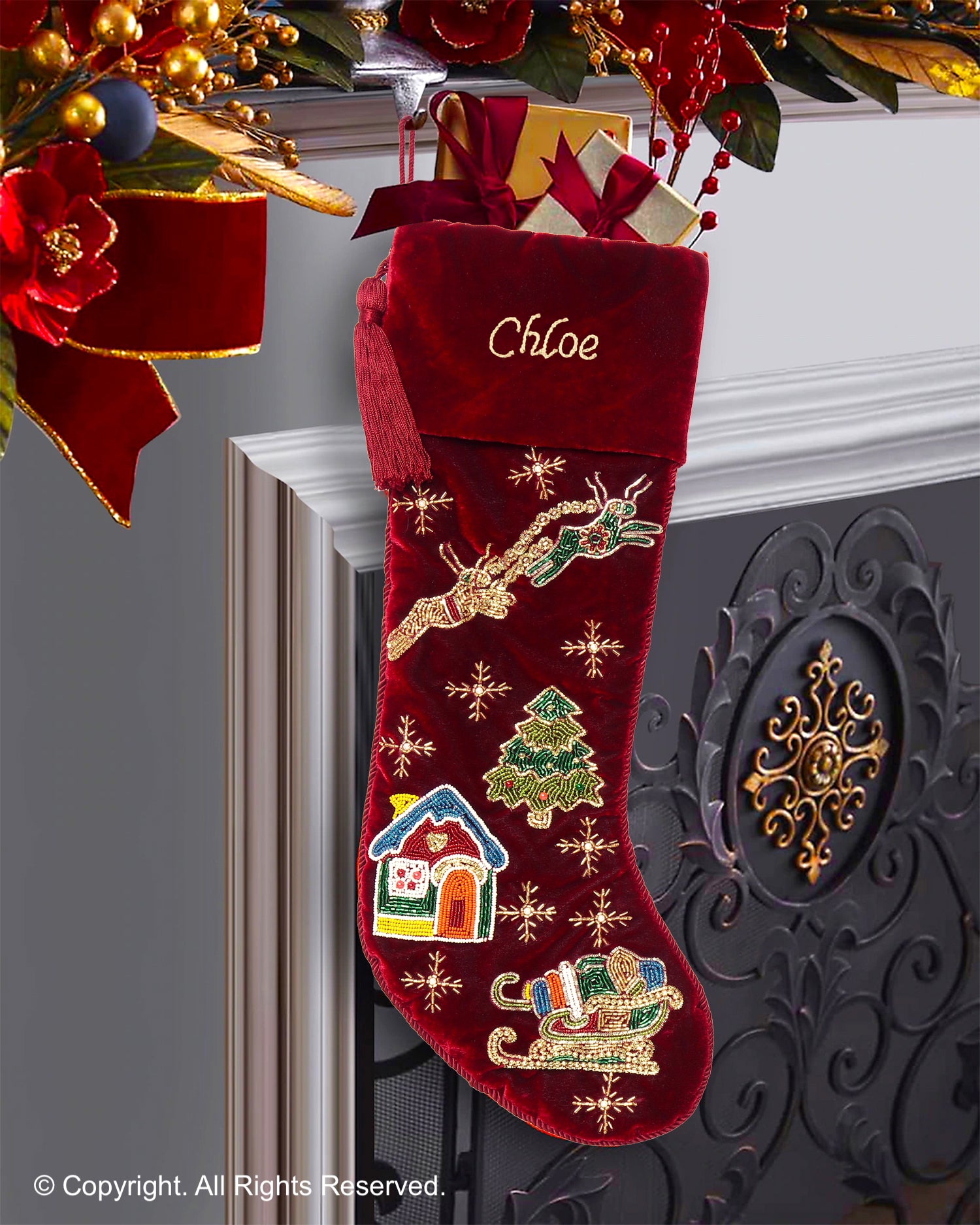 PERSONALISED 'REINDEER OVER THE CITY' RED VELVET CHRISTMAS STOCKING