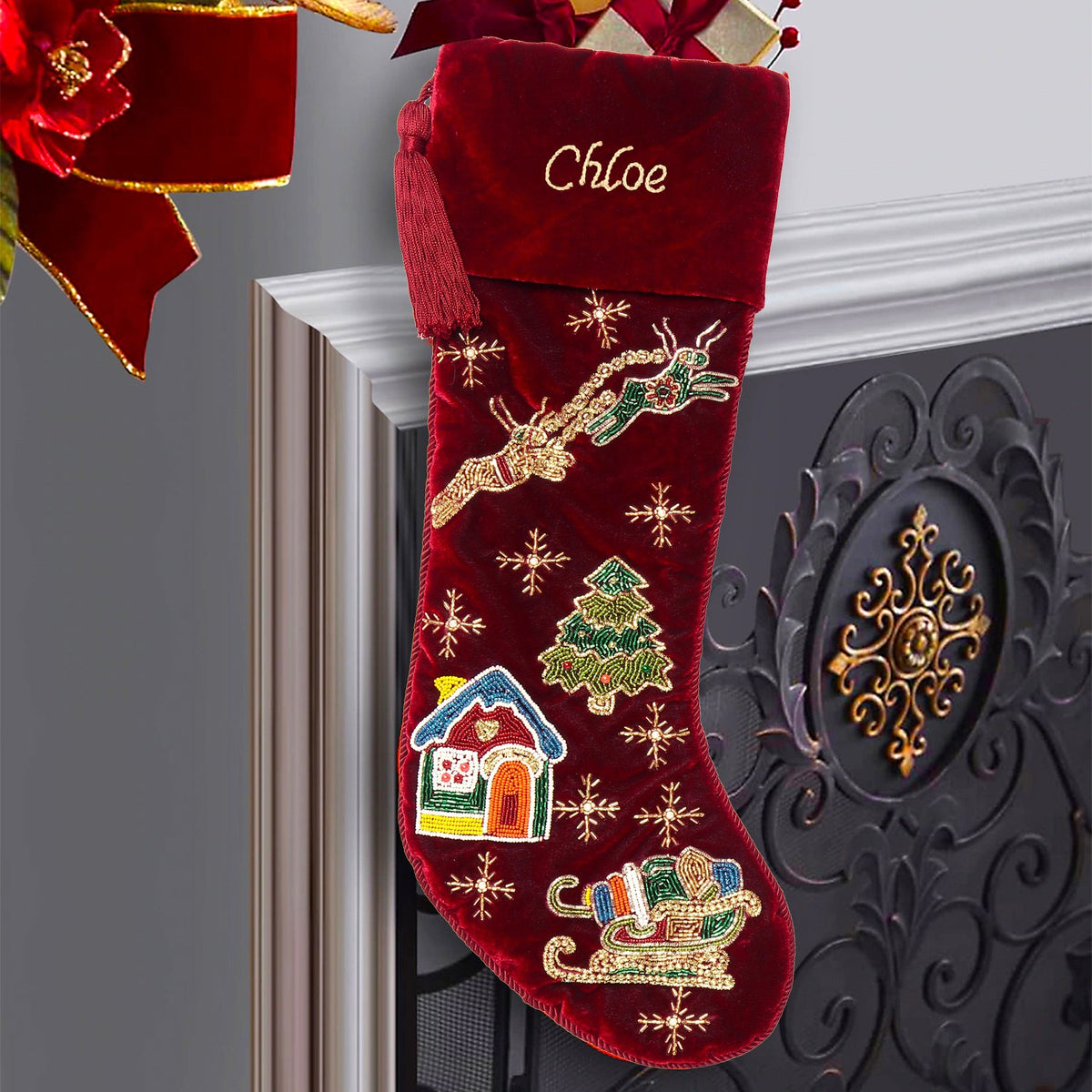 PERSONALISED 'REINDEER OVER THE CITY' RED VELVET CHRISTMAS STOCKING