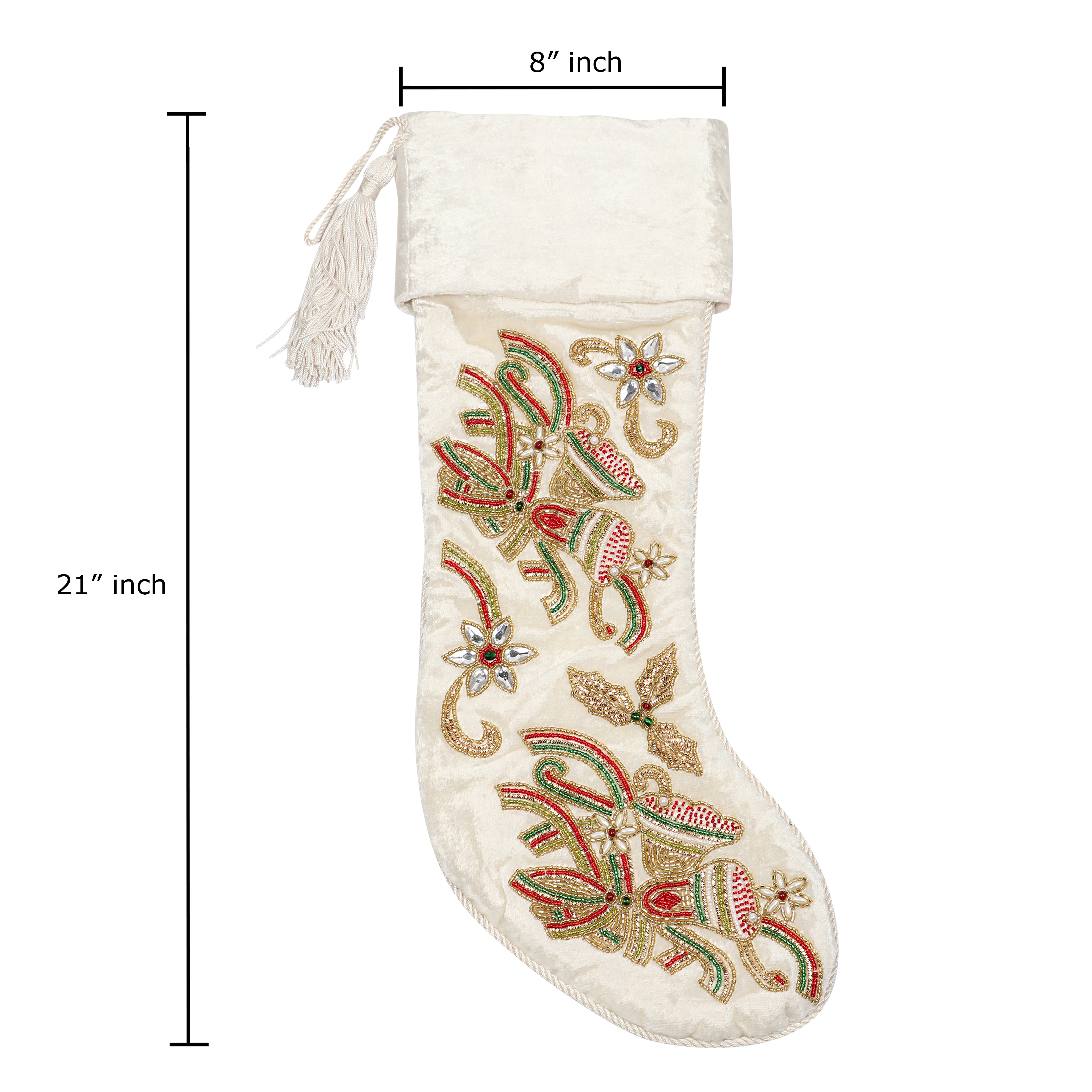 ORNAMENT, INTRICATE LEAF, BELL VELVET RED & WHITE 3 PIECE CHRISTMAS STOCKING SET