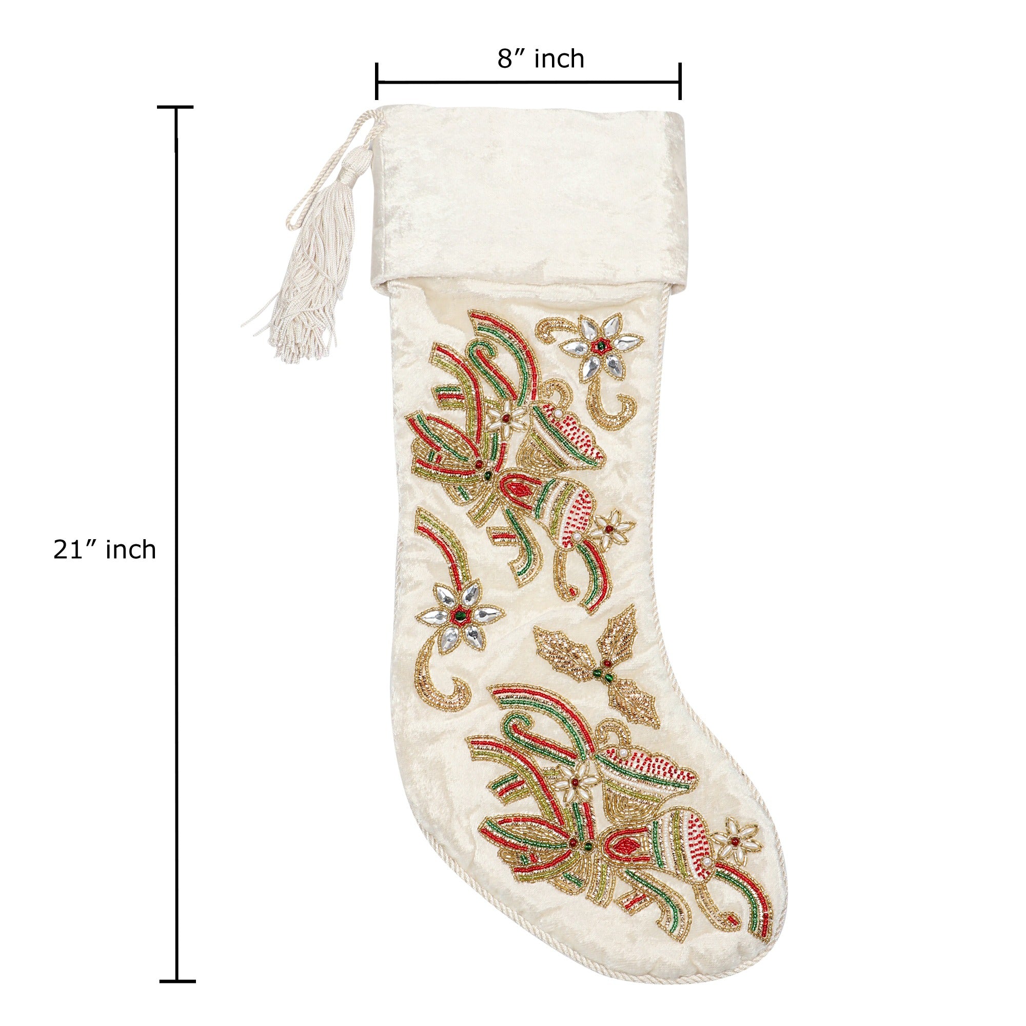 BELLS DEER & SNOWFLAKE WHITE VELVET 3 PIECE CHRISTMAS STOCKING SET