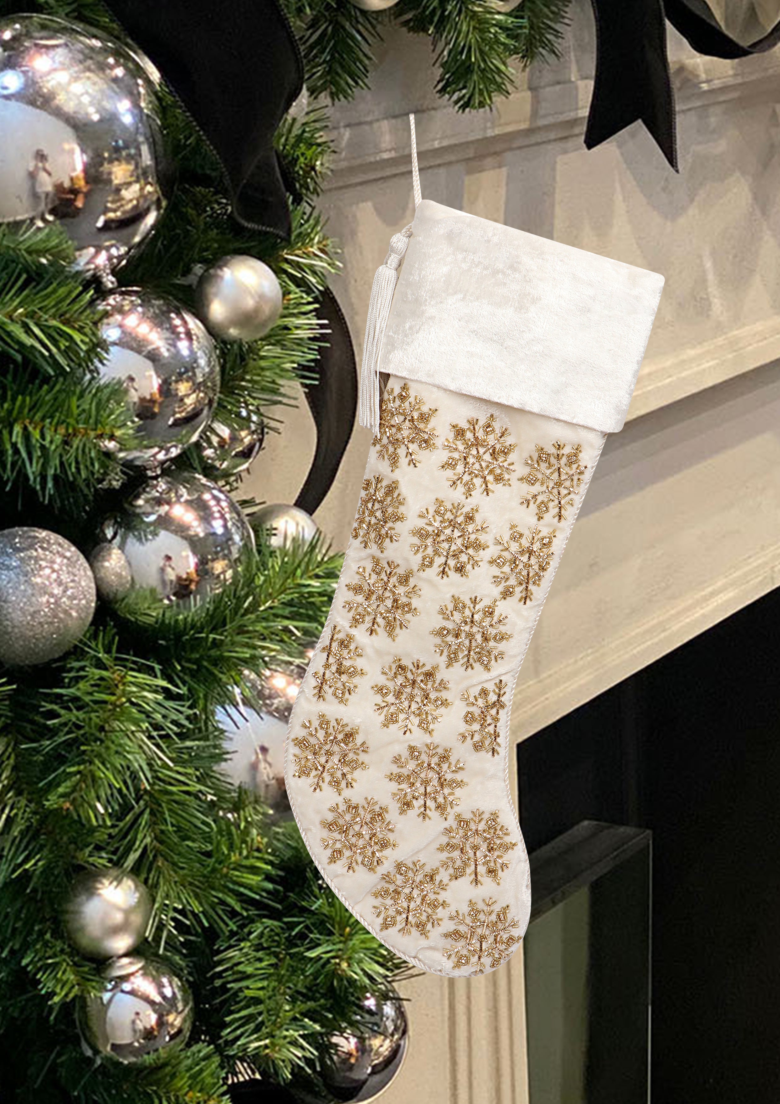 PERSONALISED BEADED SNOWFLAKE WHITE VELVET CHRISTMAS STOCKING