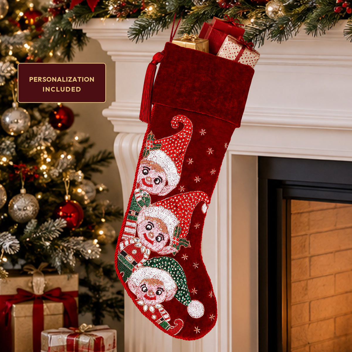 Personalized Beaded Elf Red Velvet Christmas Stocking