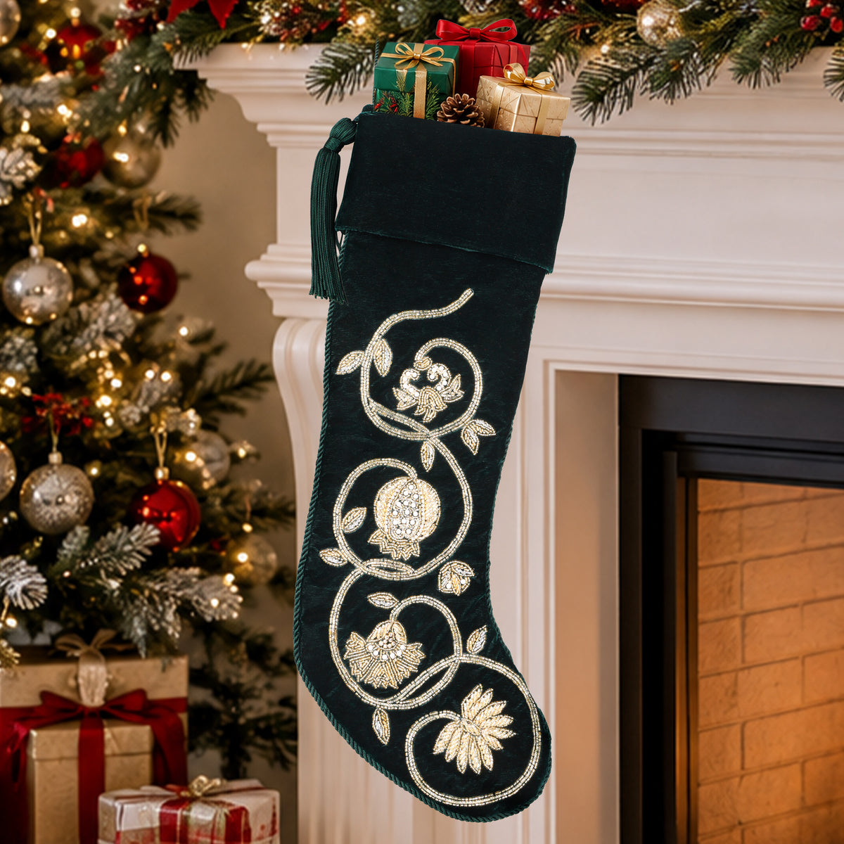 PERSONALIZED GREEN VELVET Christmas Stocking - GOLDEN GARLAND