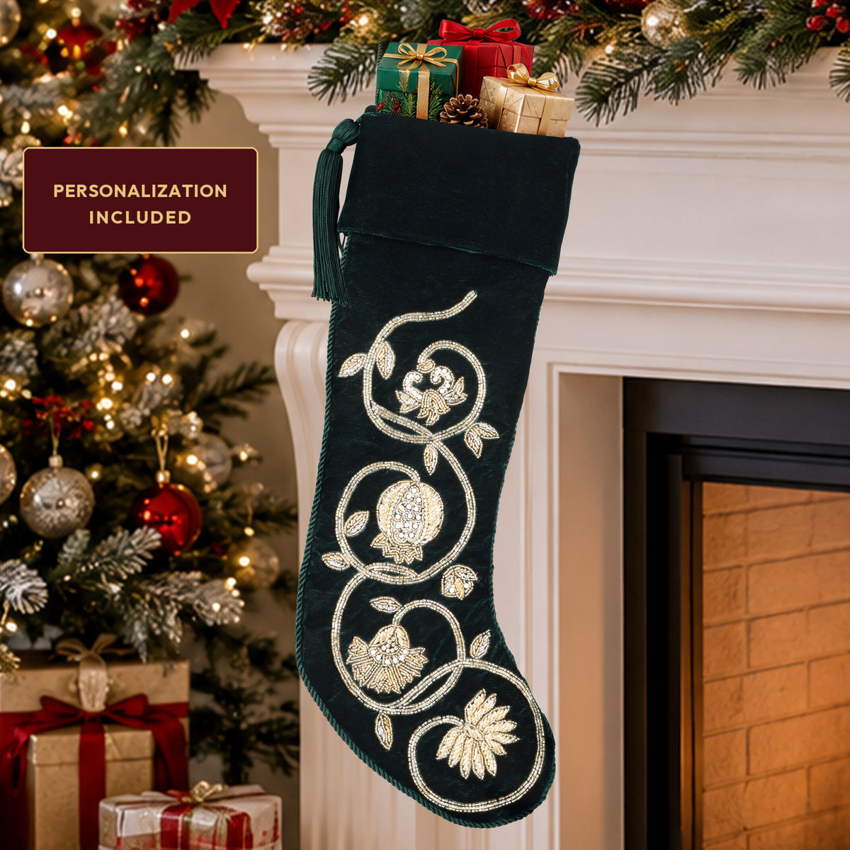 PERSONALIZED GREEN VELVET Christmas Stocking - GOLDEN GARLAND