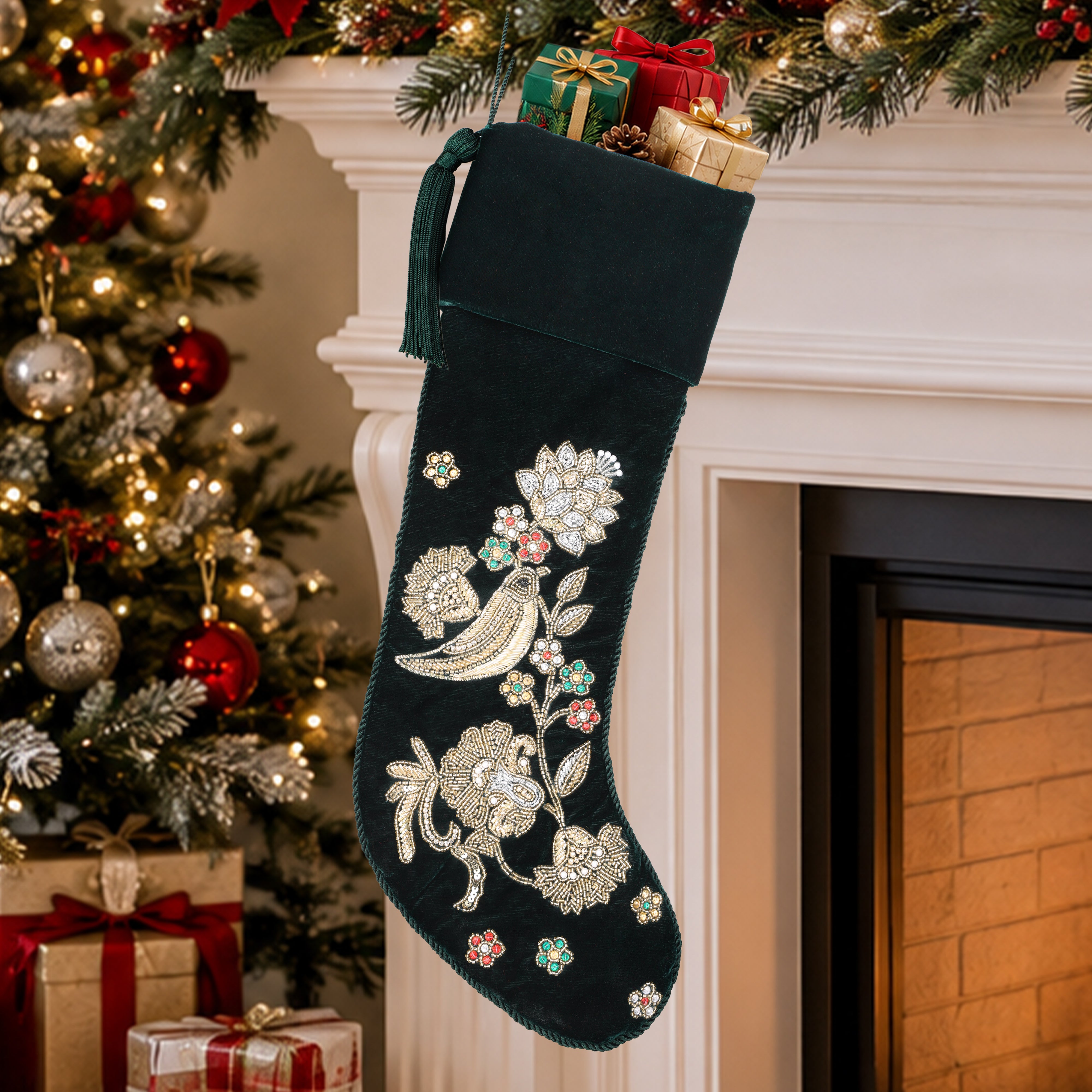 Personalized Green Velvet Christmas Stocking - Handmade Partridge Noel Song Bird