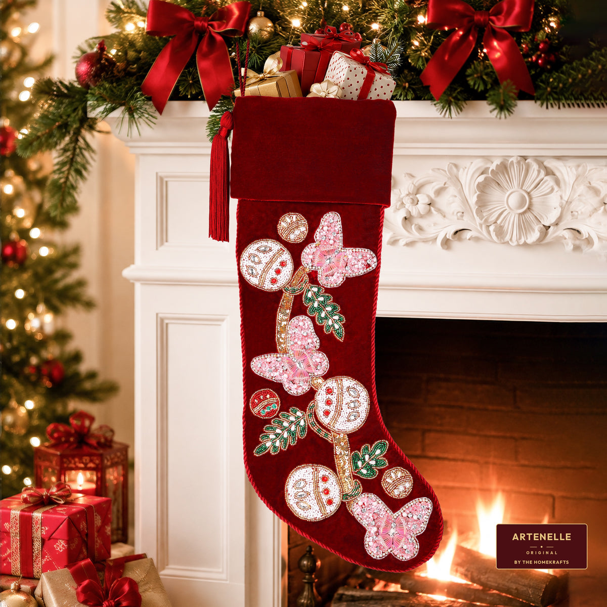 PERSONALISED Butterfly RED VELVET CHRISTMAS STOCKING