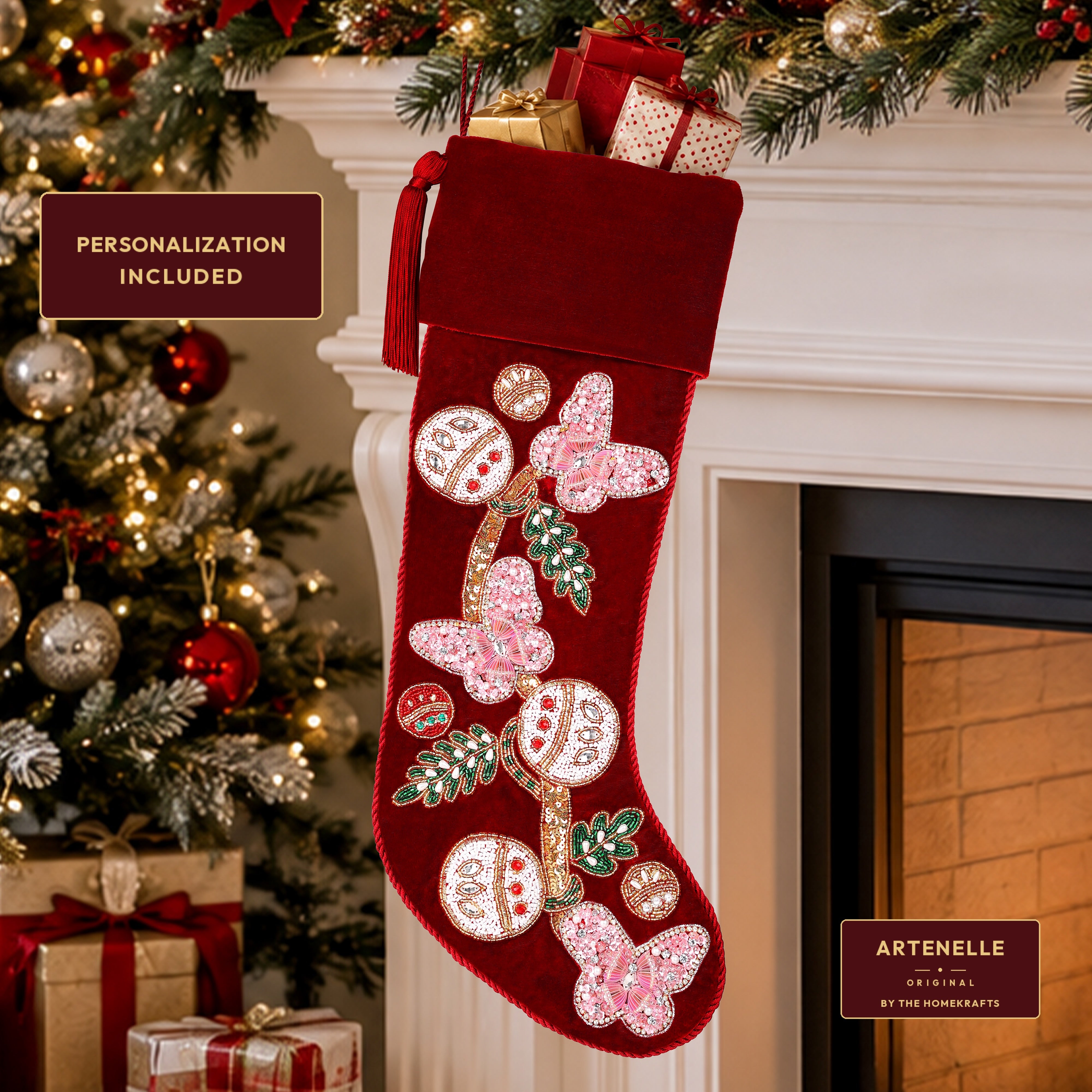PERSONALISED Butterfly RED VELVET CHRISTMAS STOCKING