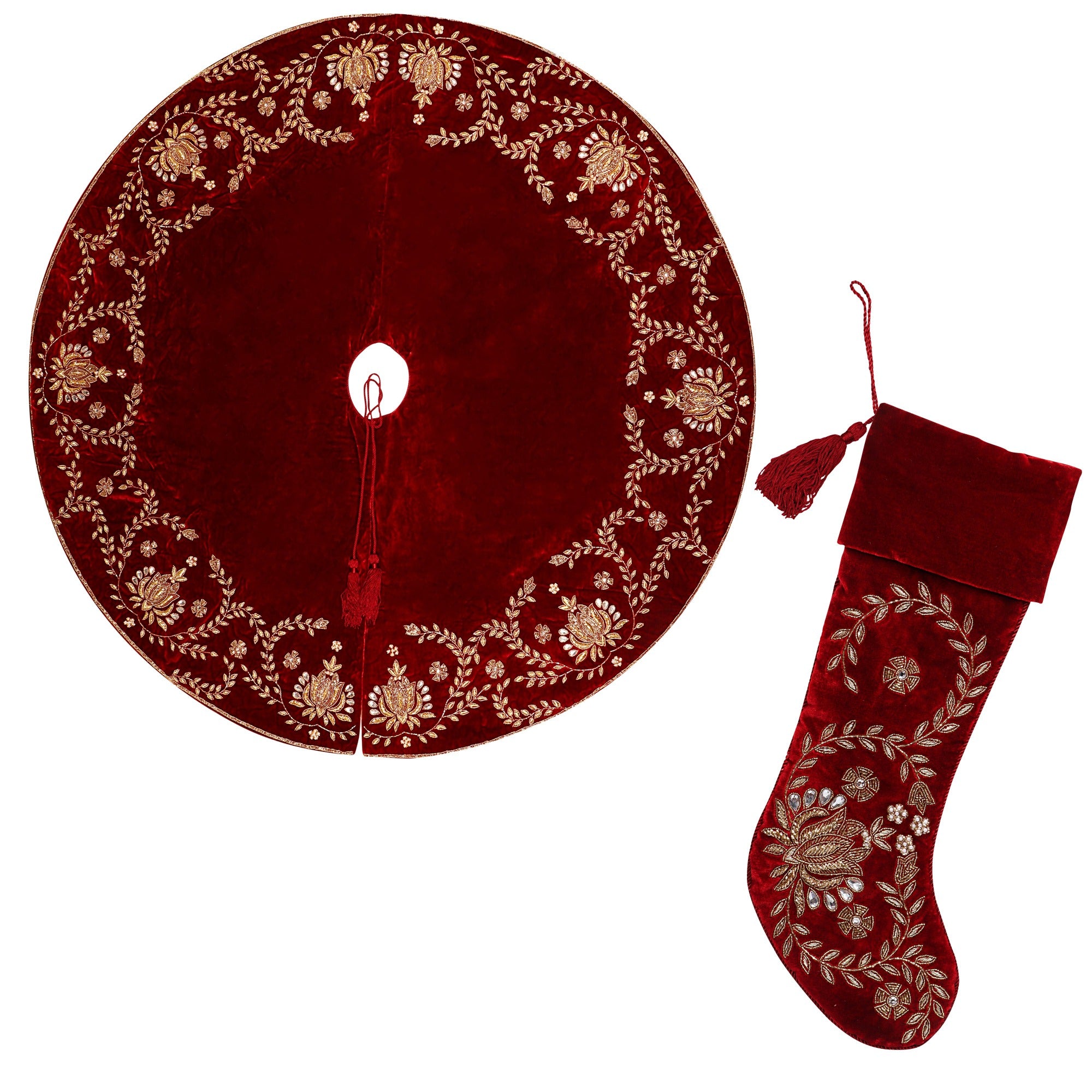 Beaded Lotus Red Velvet Christmas Tree Skirt & Matching Christmas Stocking Set