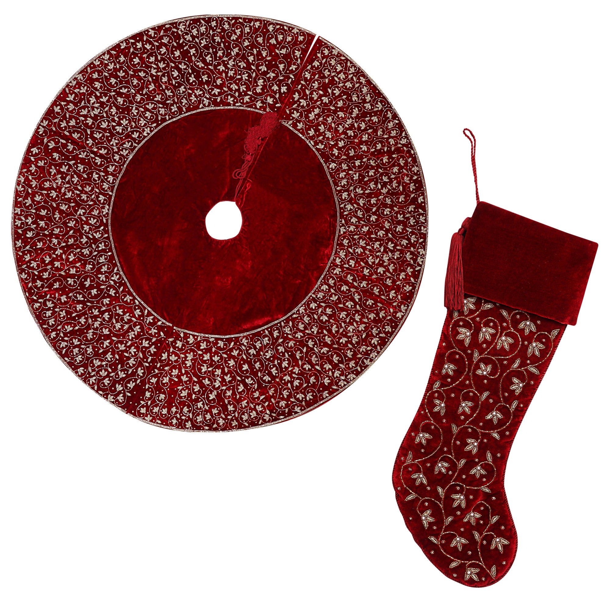 INTIMATE LEAF JAAL RED VELVET CHRISTMAS TREE SKIRT & MATCHING CHRISTMAS STOCKING SET