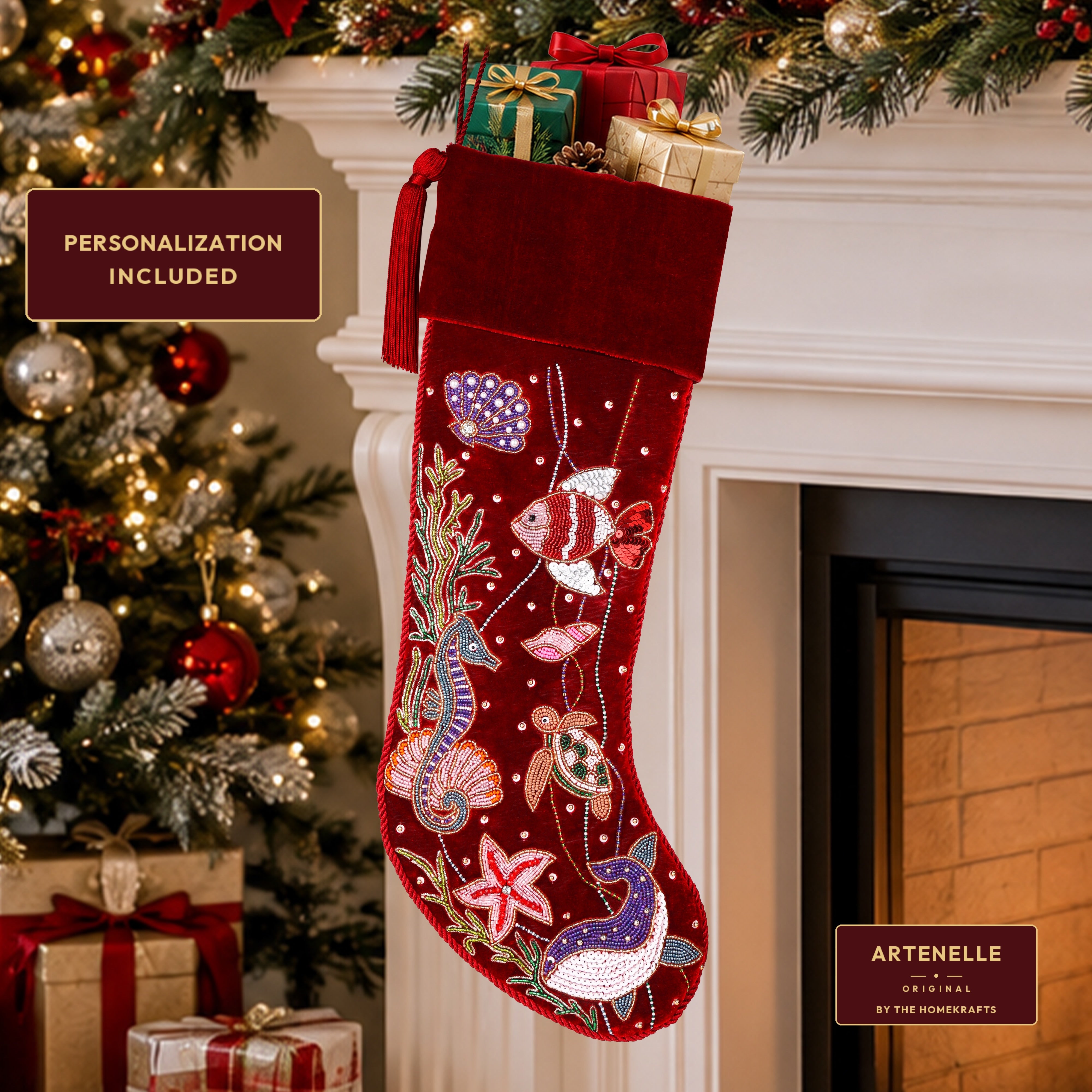 Personalized Beaded Ocean Red Velvet Christmas Stocking
