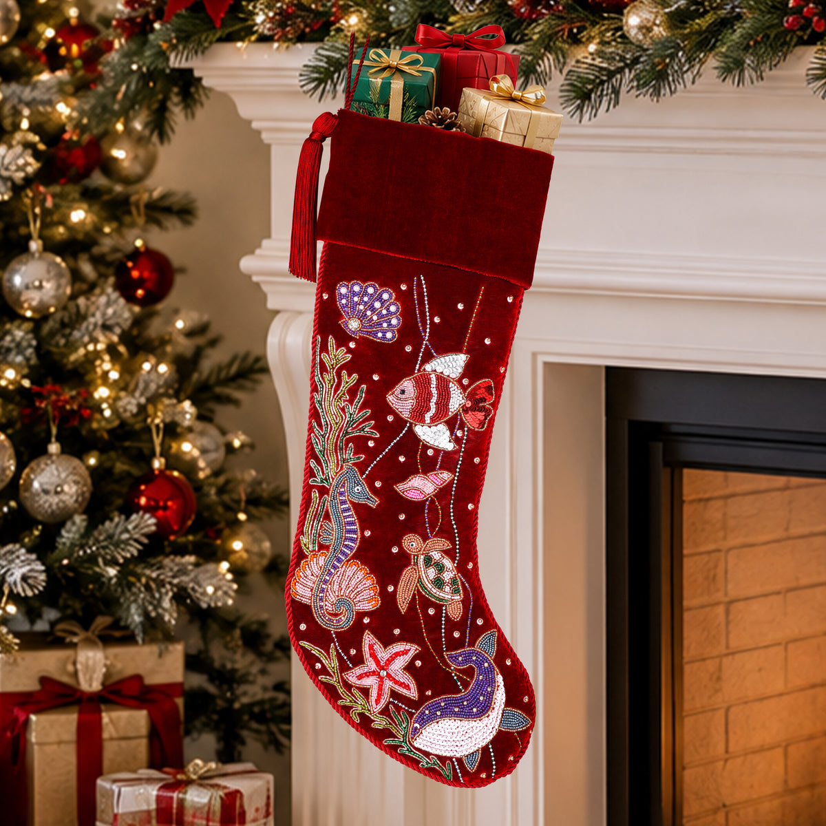 Personalized Beaded Ocean Red Velvet Christmas Stocking