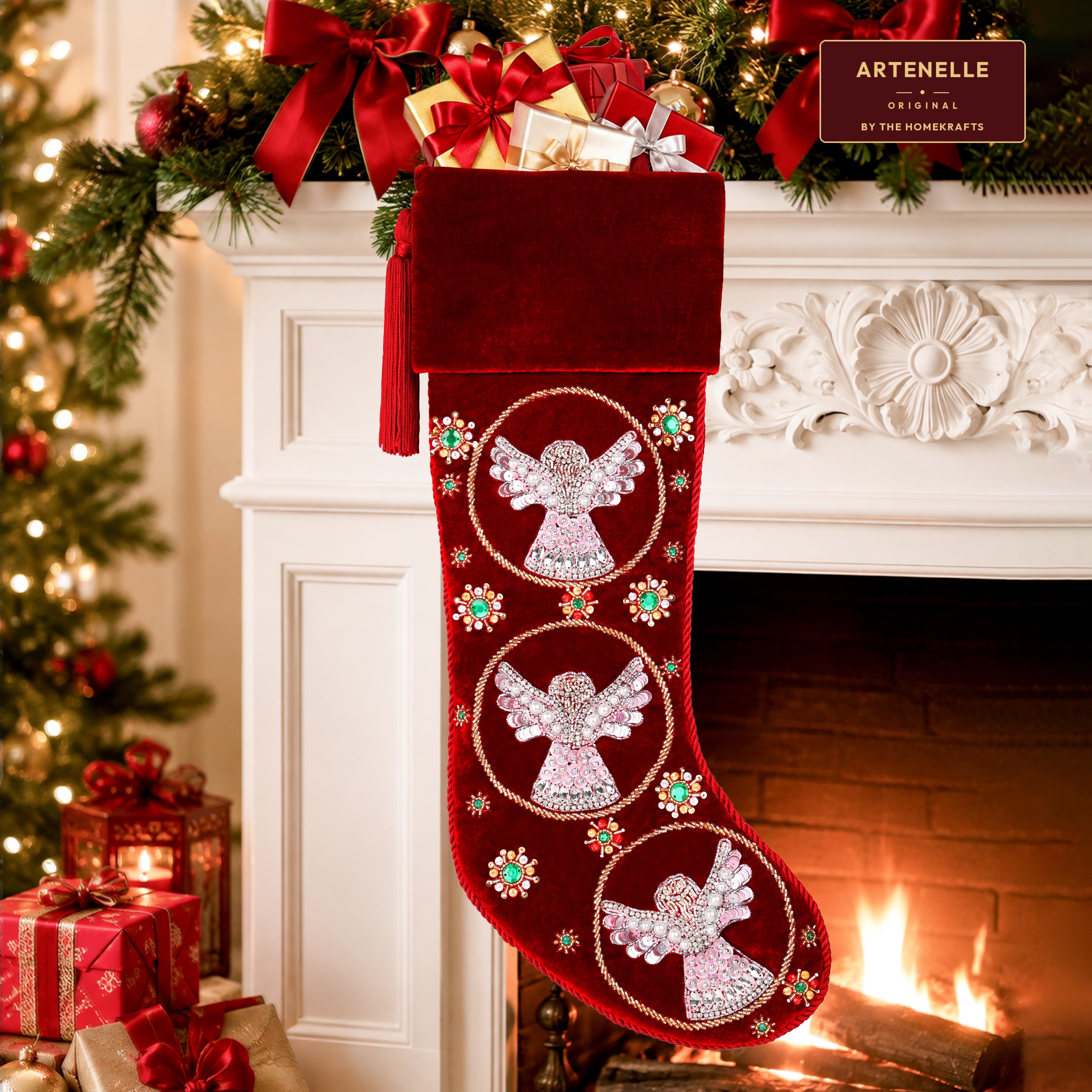 Beaded Snow Angels Red Velvet Personalized Christmas stocking