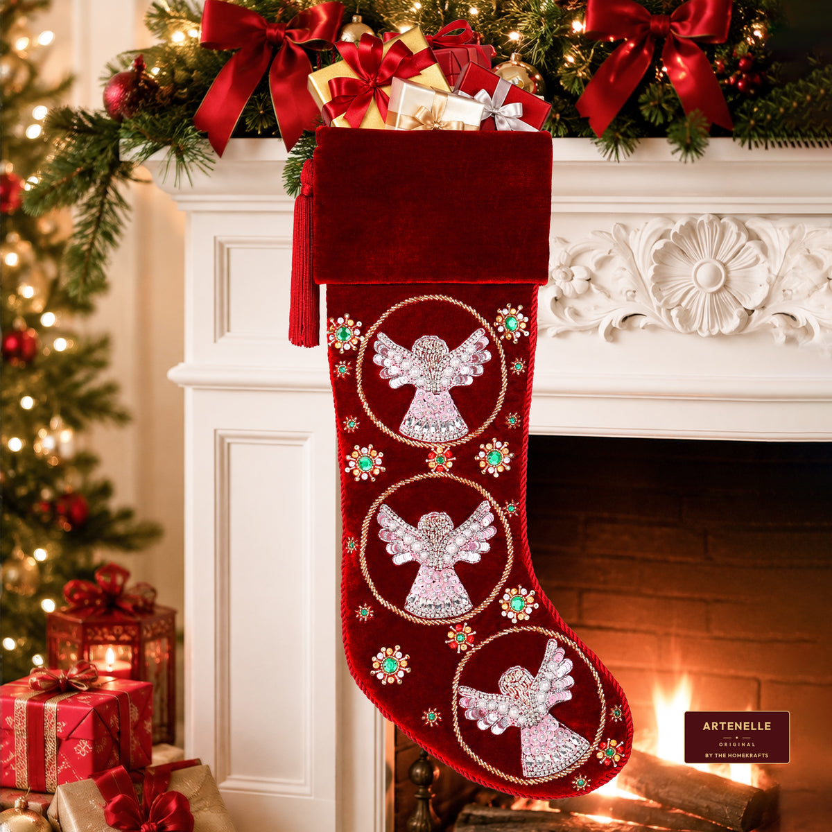 Beaded Snow Angels Red Velvet Personalized Christmas stocking