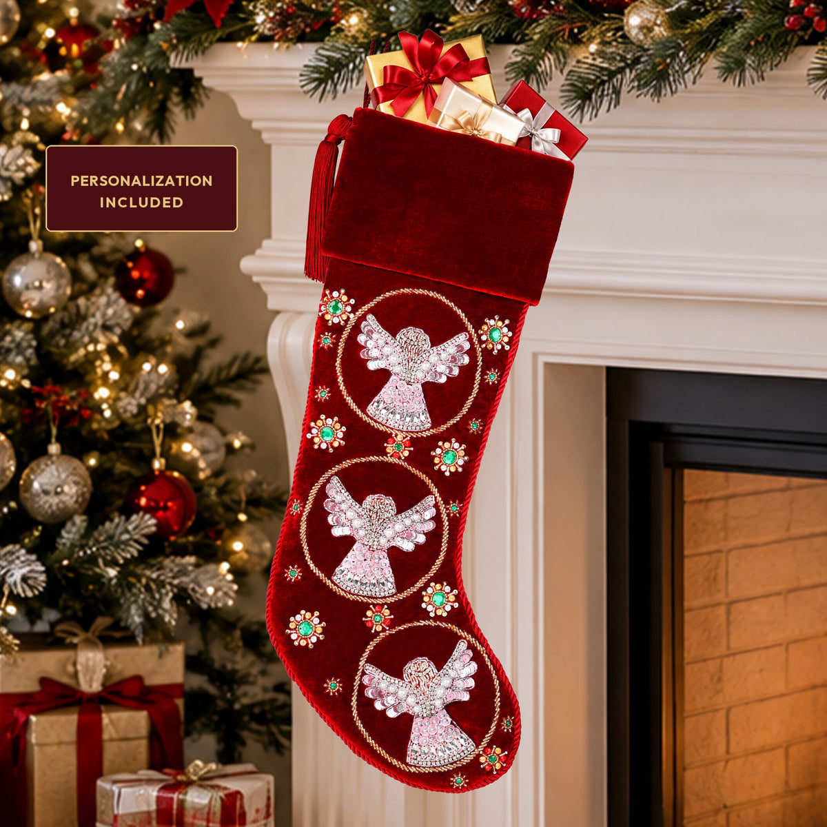 Beaded Snow Angels Red Velvet Personalized Christmas stocking