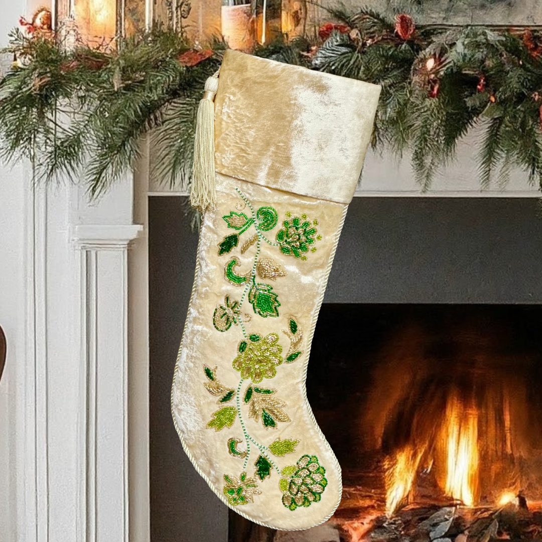 PERSONALISED CREAM FLORAL VELVET CHRISTMAS STOCKING