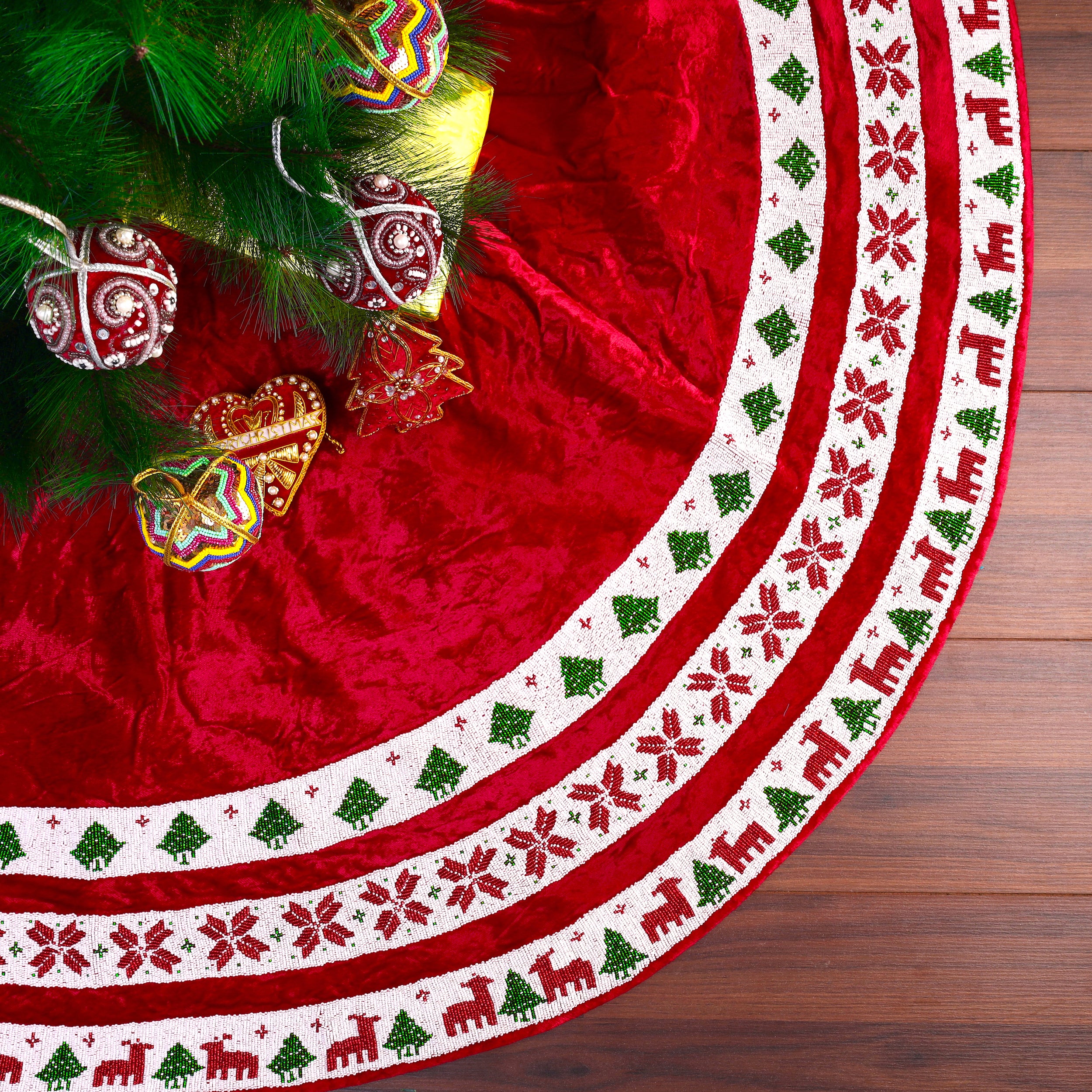 Nordic Christmas Tapestry Red Velvet Christmas Tree Skirt