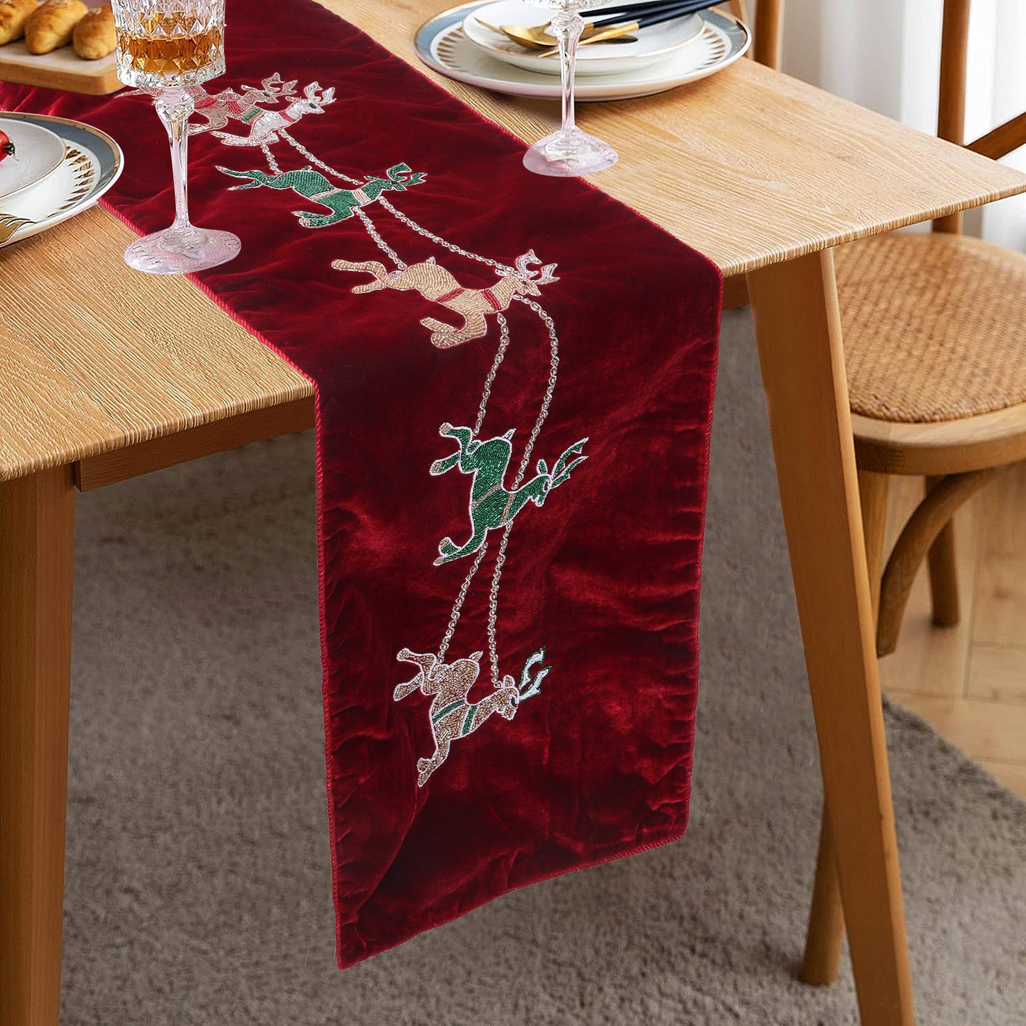 Red Velvet Christmas Runner with Santa Reindeer carriage
