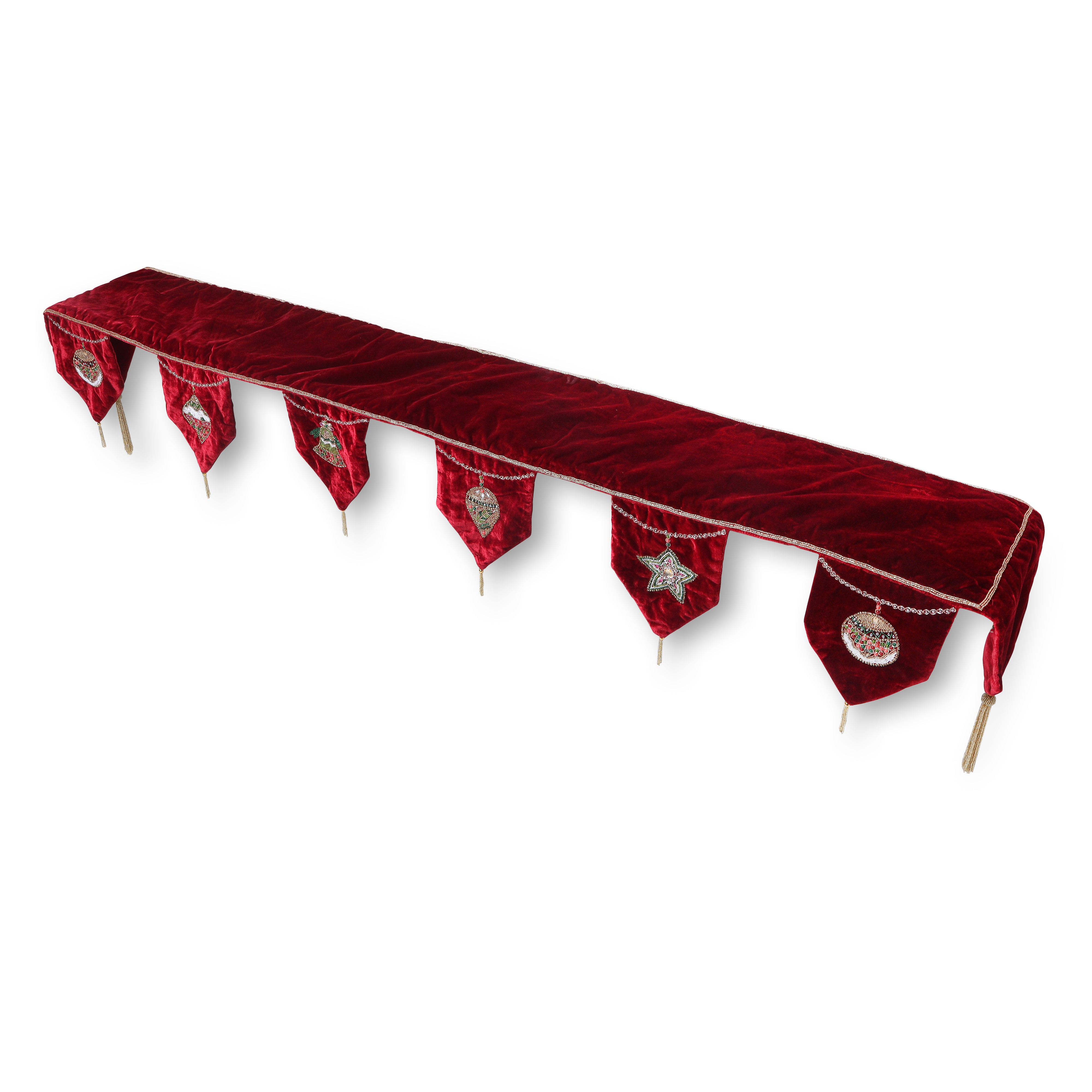 Ornament Red Velvet Christmas Mantle Scarf Available in 2 sizes 60" & 72". Fireplace Christmas Scarf