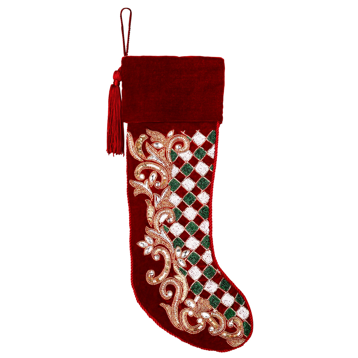 Personalized Holly leaves beaded Red Velvet Christmas stocking