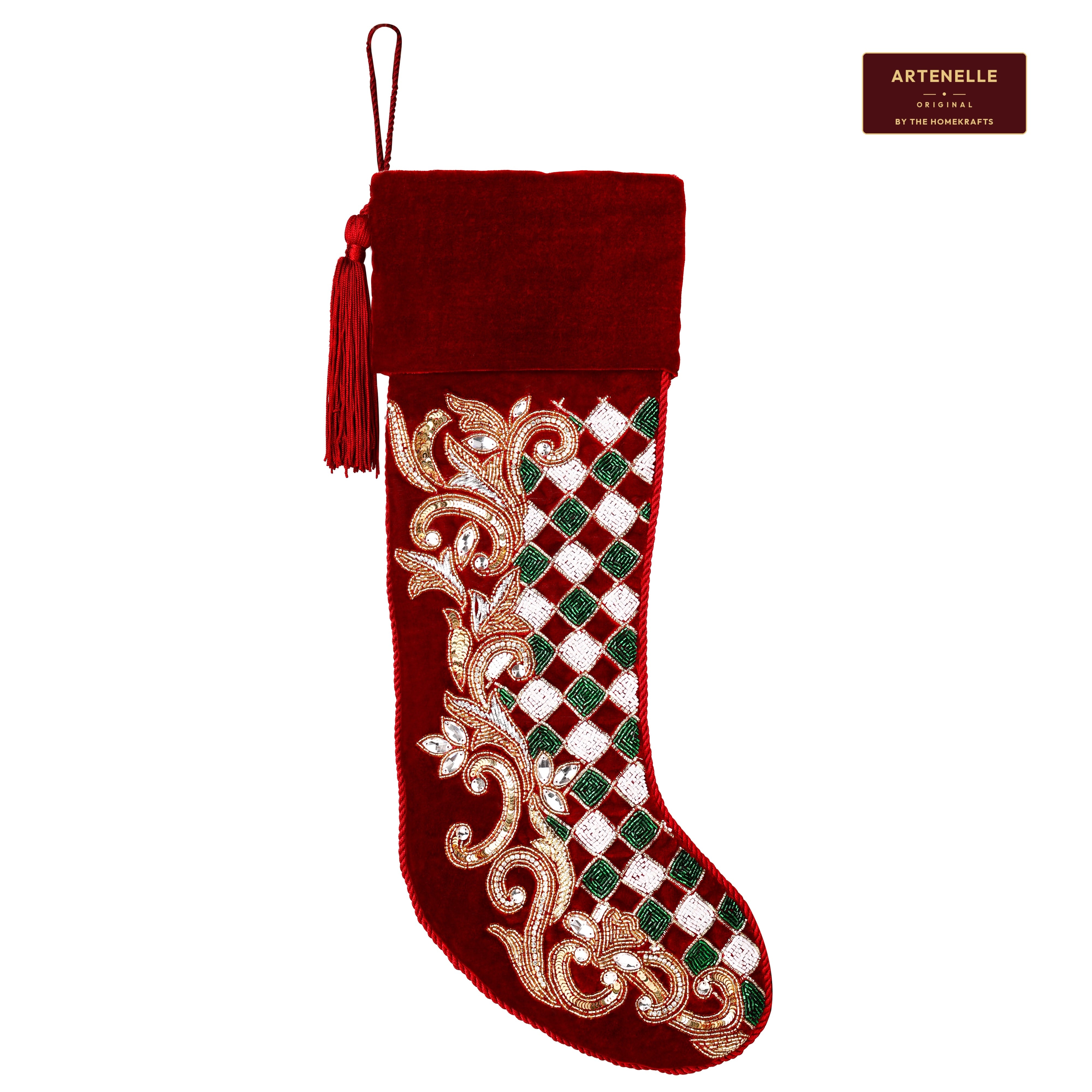 Personalized Holly leaves beaded Red Velvet Christmas stocking