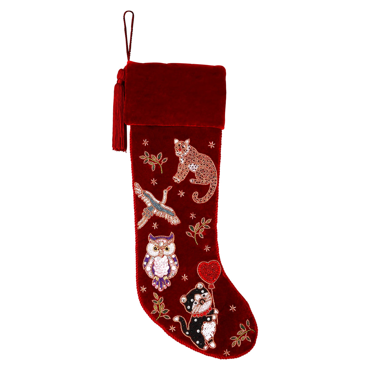 Personalized Beaded Animal Red Velvet Christmas Stocking