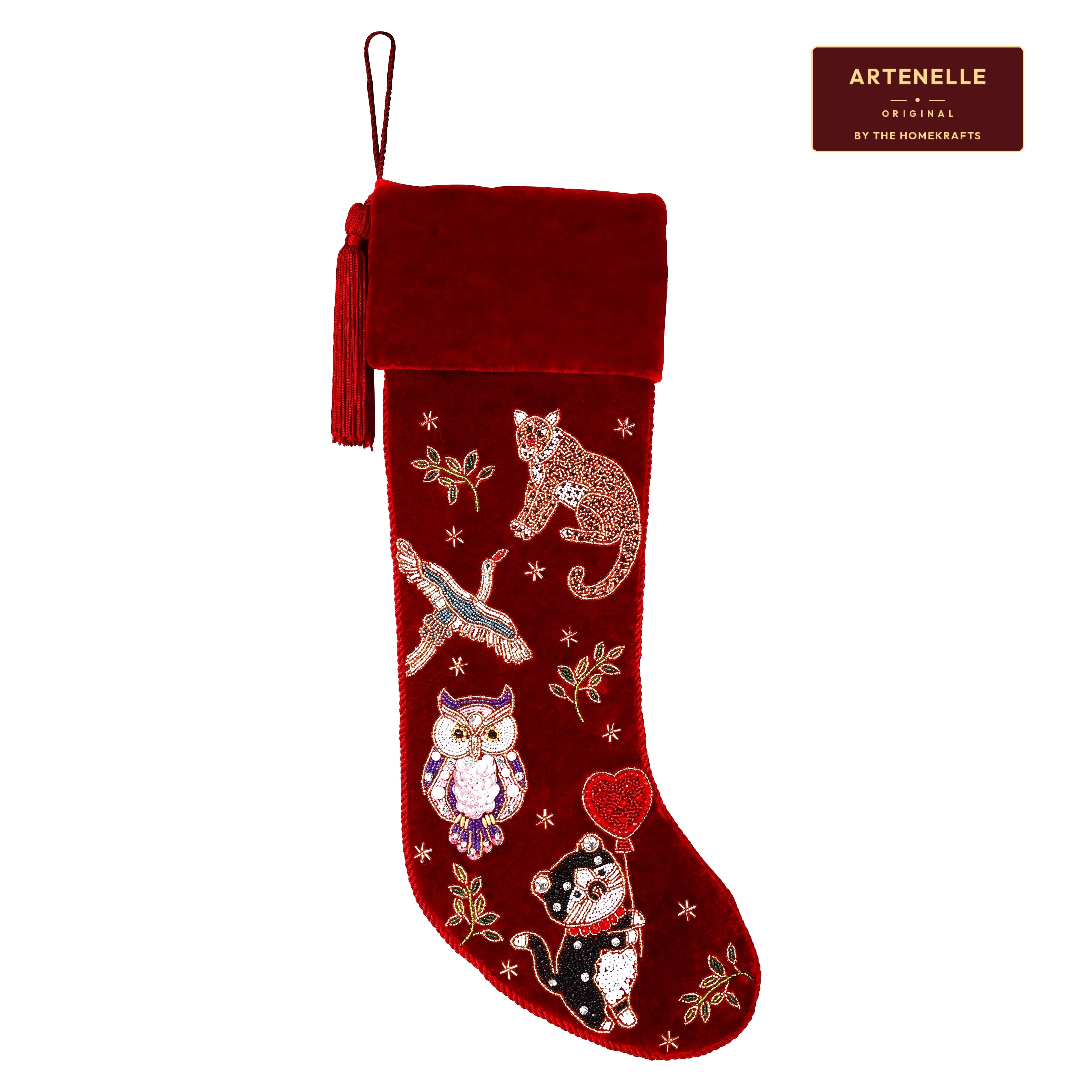 Personalized Beaded Animal Red Velvet Christmas Stocking