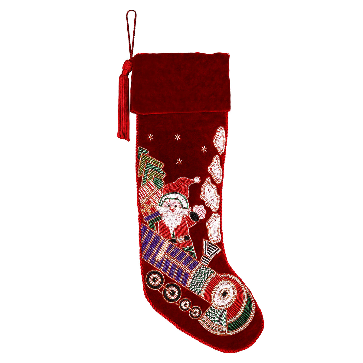 Personalized Beaded Santa on Train Red Velvet Christmas Stocking
