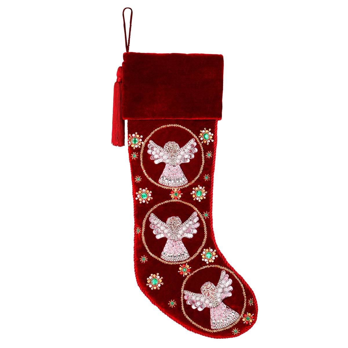 Beaded Snow Angels Red Velvet Personalized Christmas stocking