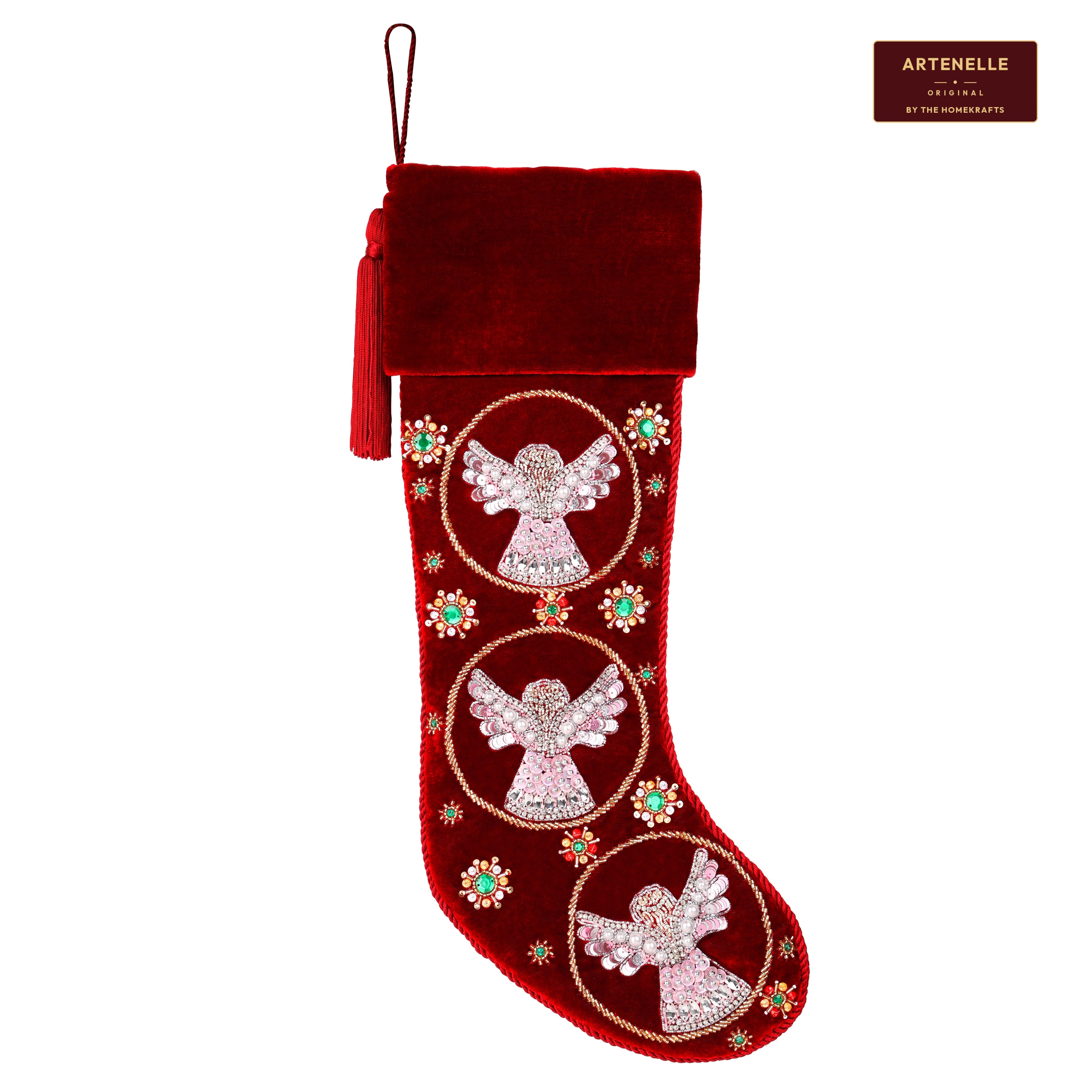 Beaded Snow Angels Red Velvet Personalized Christmas stocking