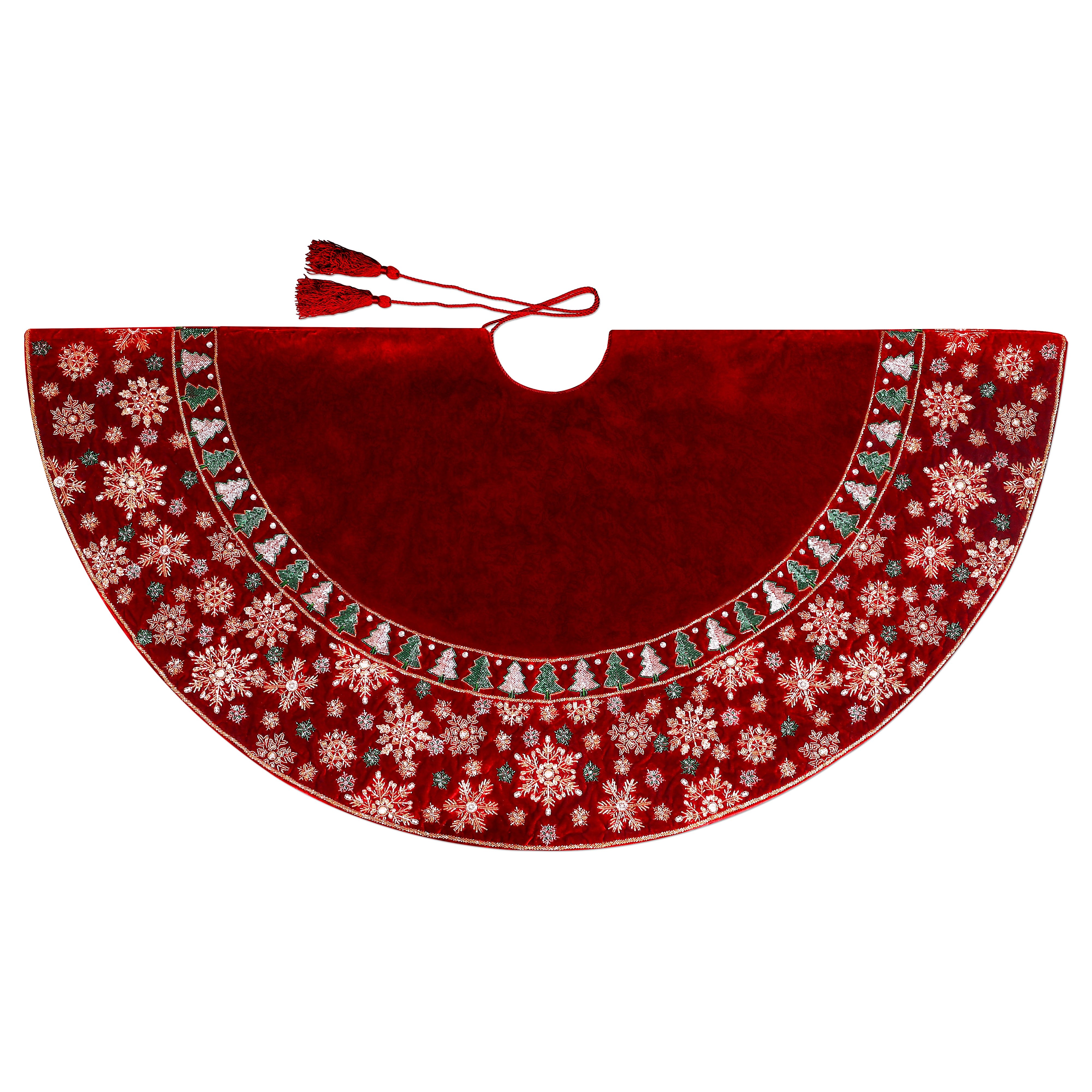 Beaded Snowflakes & Trees Red velvet Christmas Tree Skirt