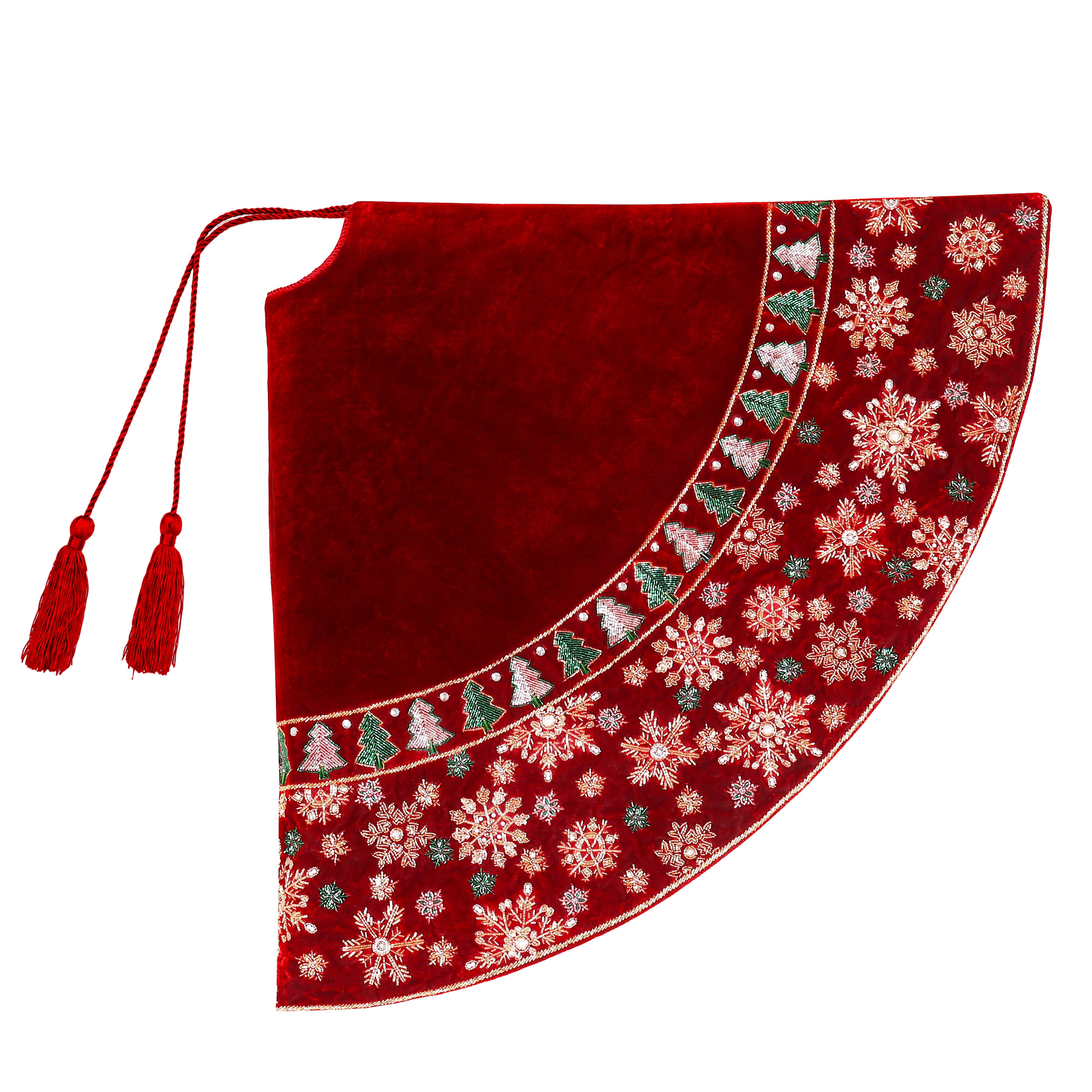 Beaded Snowflakes & Trees Red velvet Christmas Tree Skirt