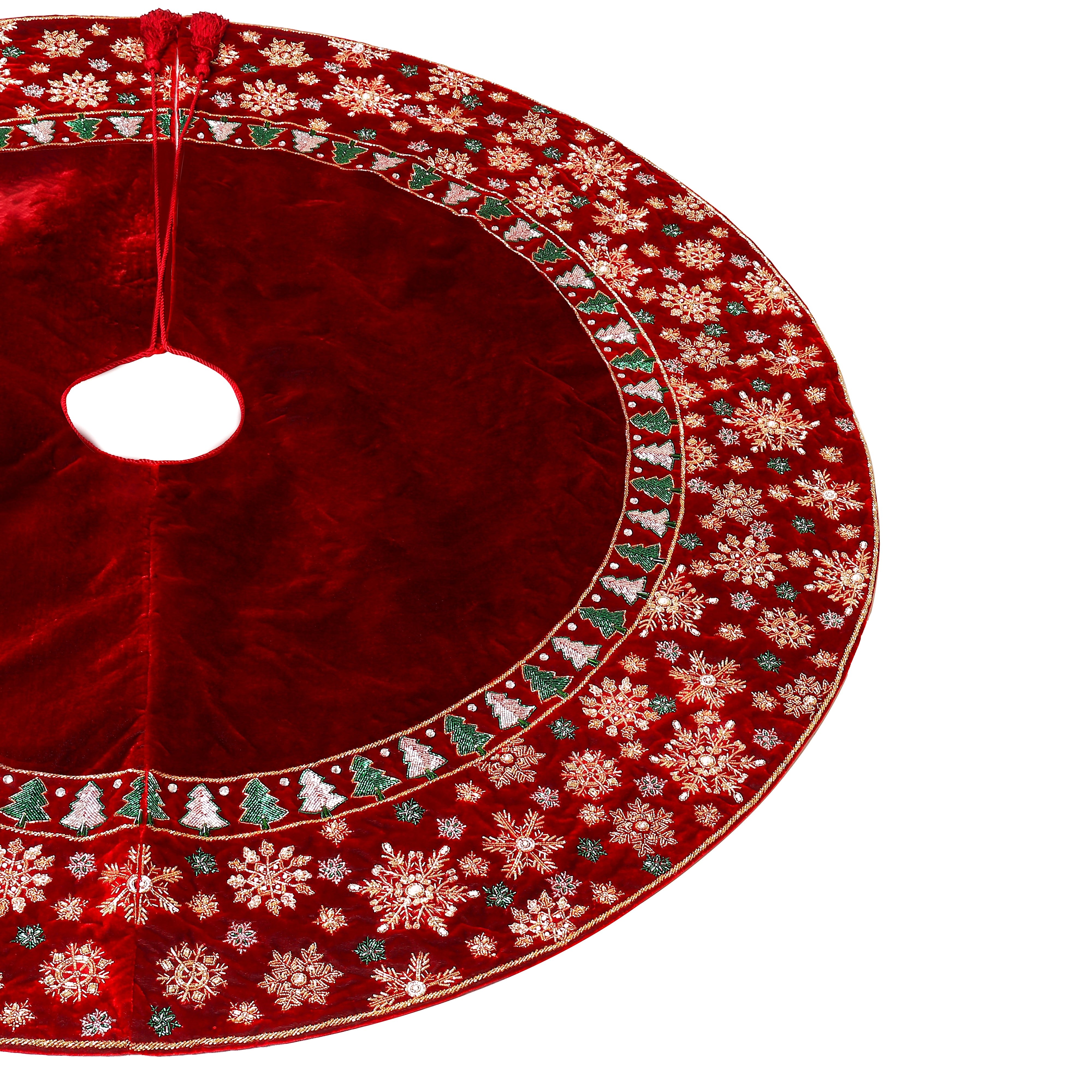 Beaded Snowflakes & Trees Red velvet Christmas Tree Skirt