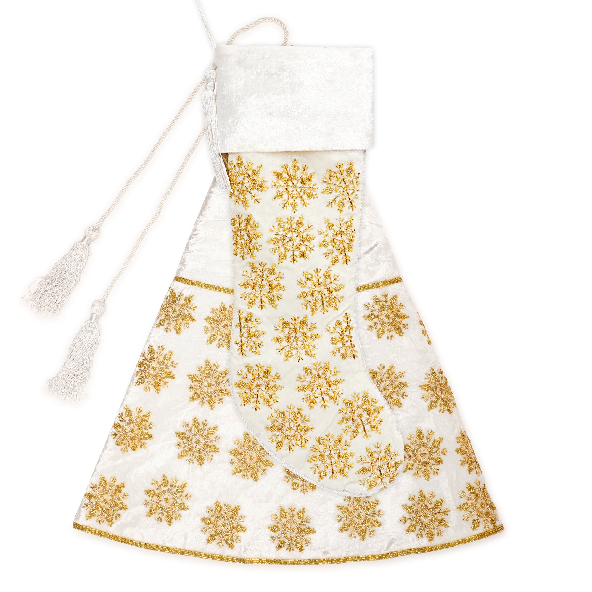 Beaded Snowflake White Velvet Christmas Tree Skirt & Matching Christmas Stocking Set