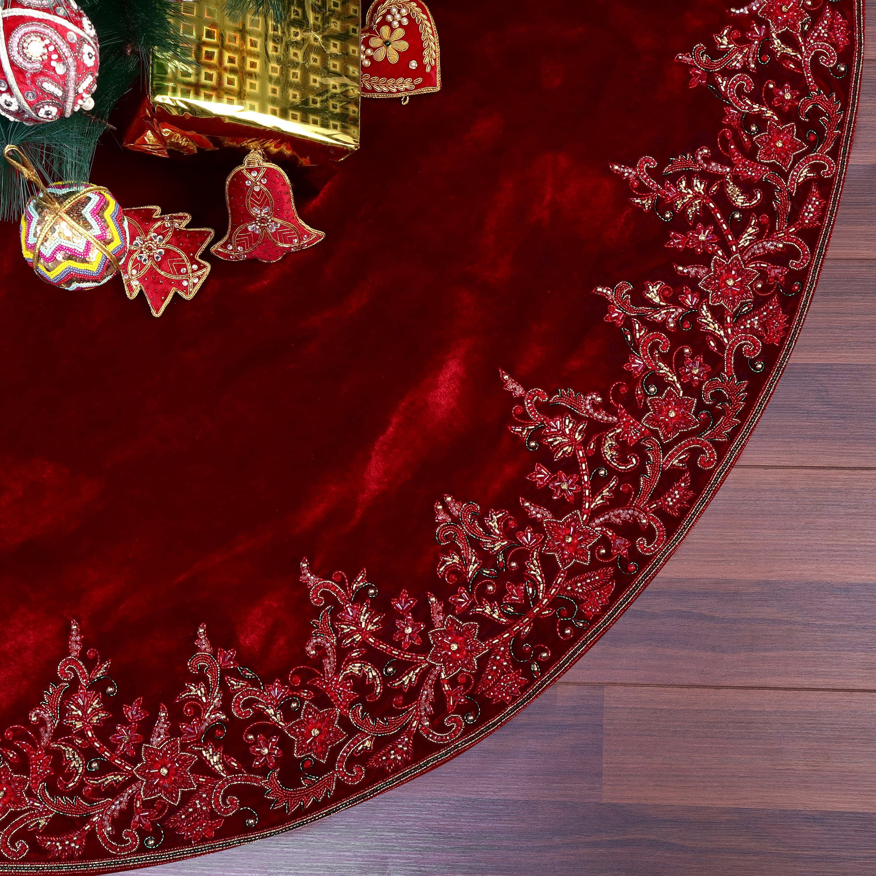 Red Velvet Floral Bloom Christmas Tree Skirt