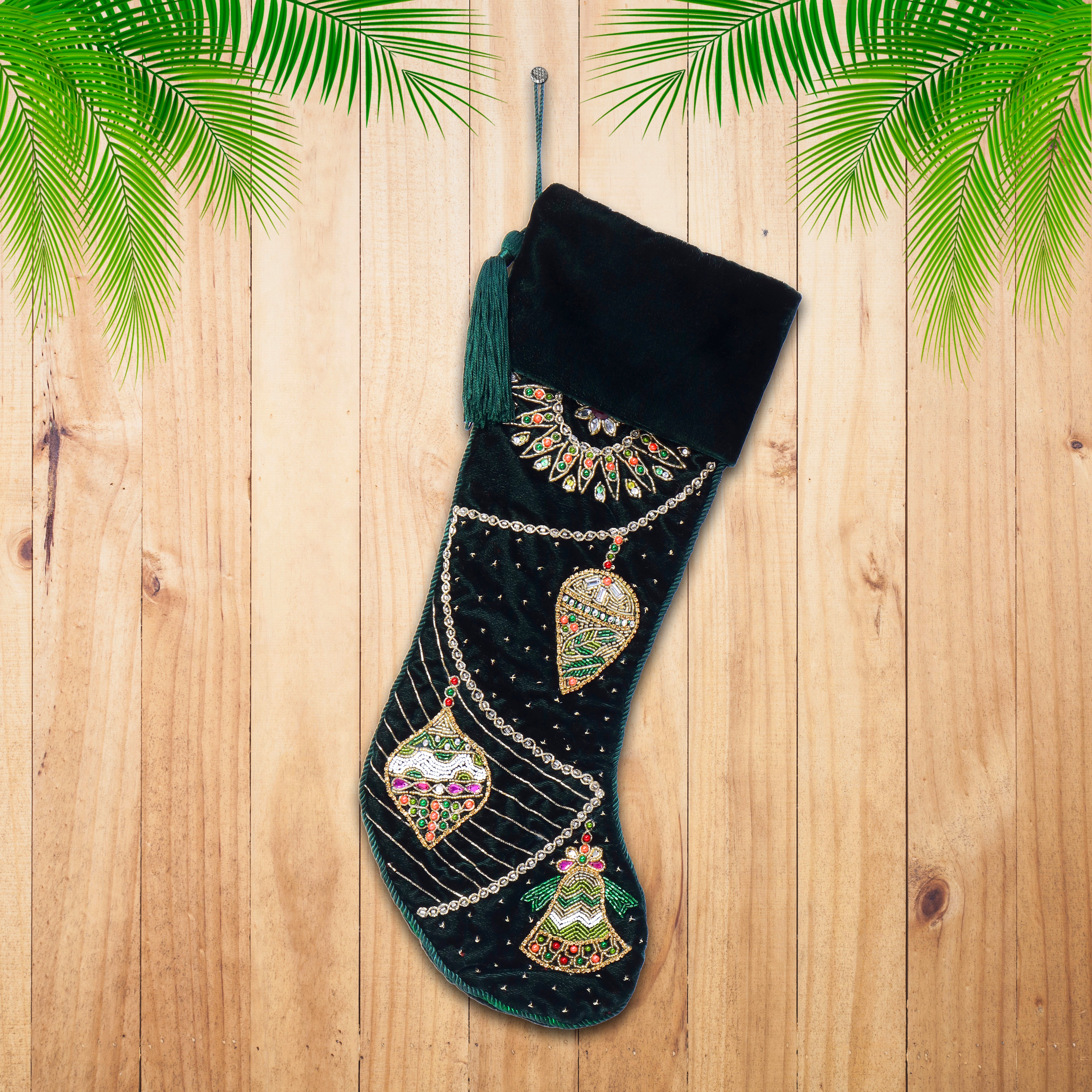 PERSONALISED ORNAMENT CHARM GREEN VELVET CHRISTMAS STOCKING